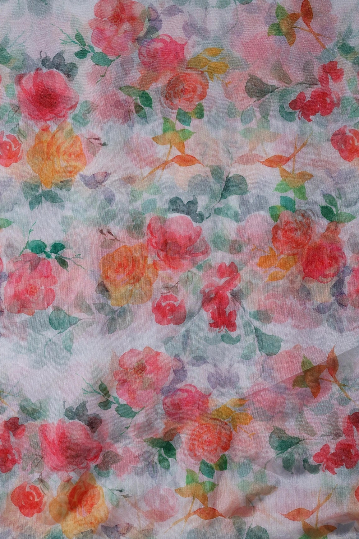 Multi Color Floral Pattern Digital Print On White Organza Fabric - doeraa