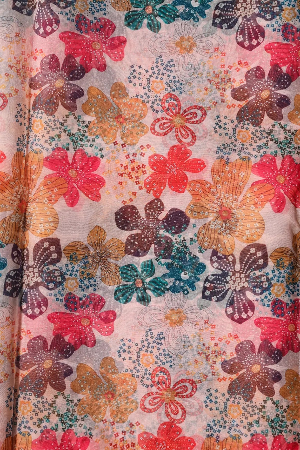 Multi Color Floral Pattern Digital Print On White Organza Fabric - doeraa