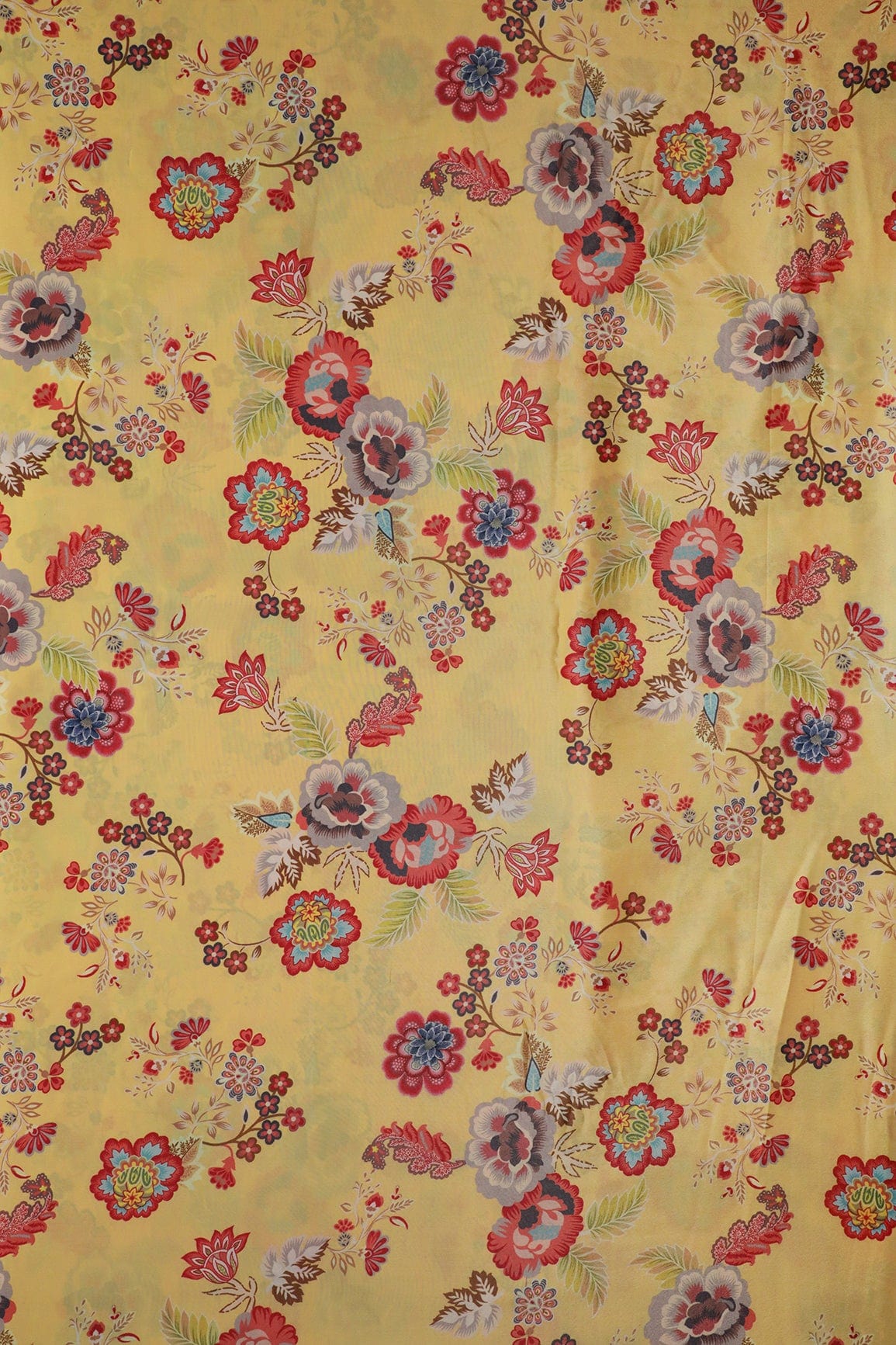 Multi Color Floral Pattern Digital Print On Yellow Crepe Fabric - doeraa