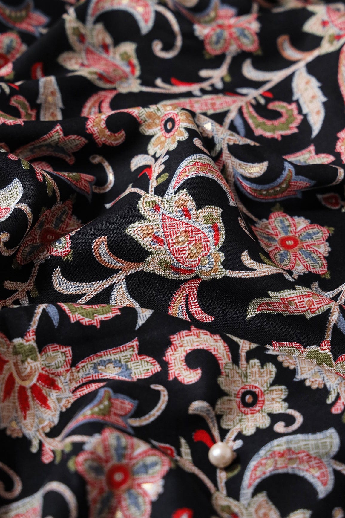 Multi Color Floral Pattern With Foil Print On Black Pure Rayon Fabric - doeraa