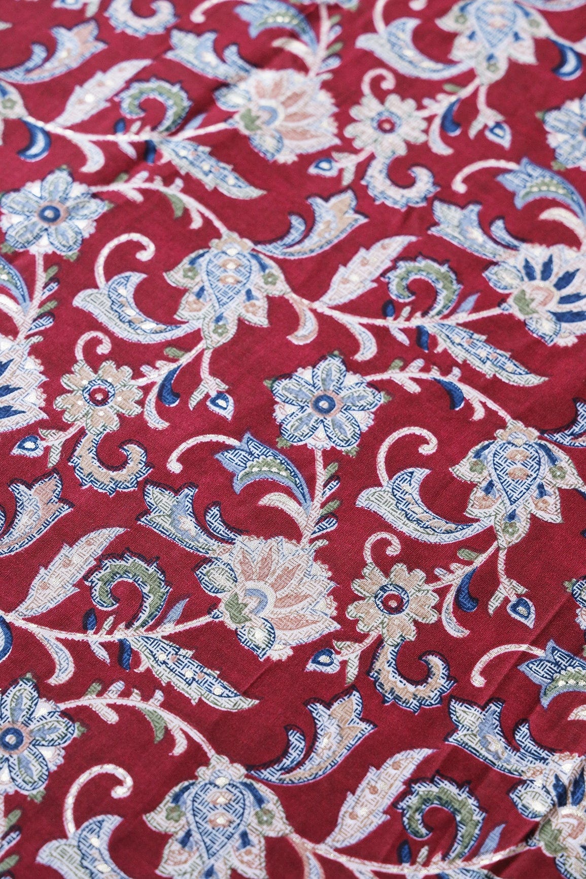 Multi Color Floral Pattern With Foil Print On Maroon Rayon Fabric - doeraa