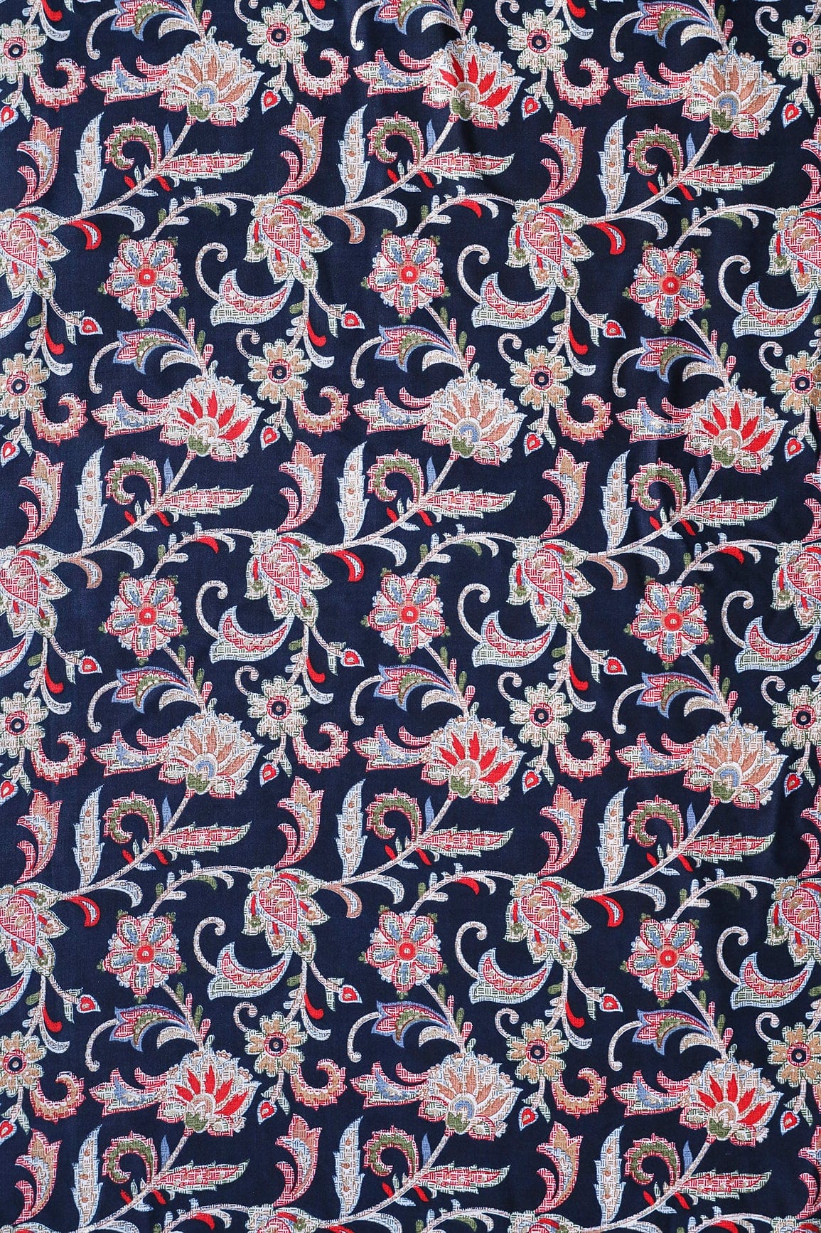 Multi Color Floral Pattern With Foil Print On Navy Blue Pure Rayon Fabric - doeraa