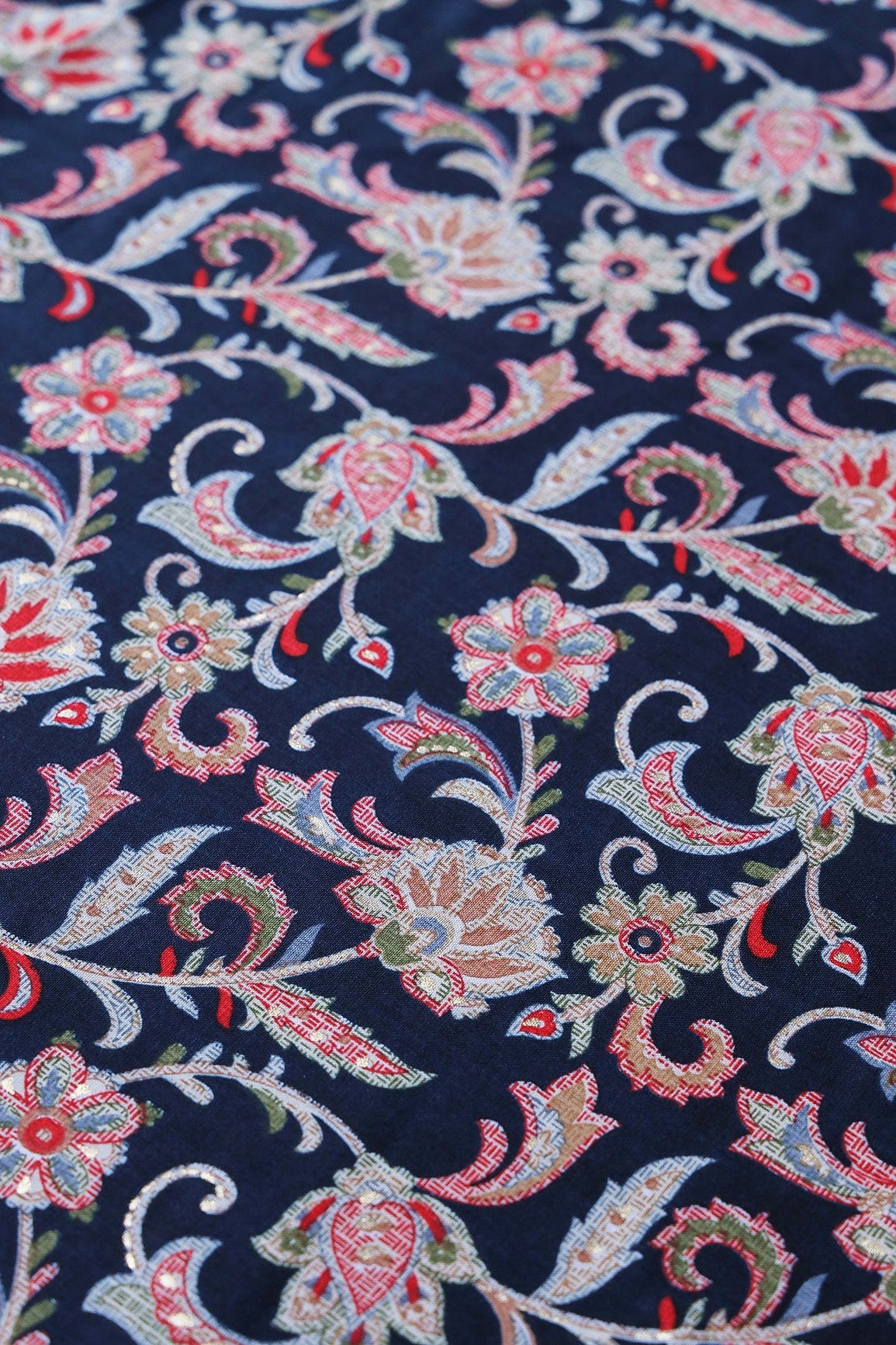 Multi Color Floral Pattern With Foil Print On Navy Blue Pure Rayon Fabric - doeraa