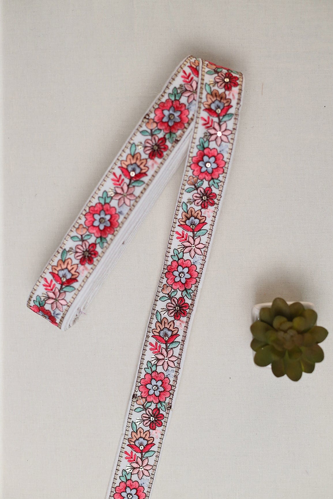 Multi Color Floral Thread Work With Gold Sequins White Embroidered Lace (9 Meters) - doeraa