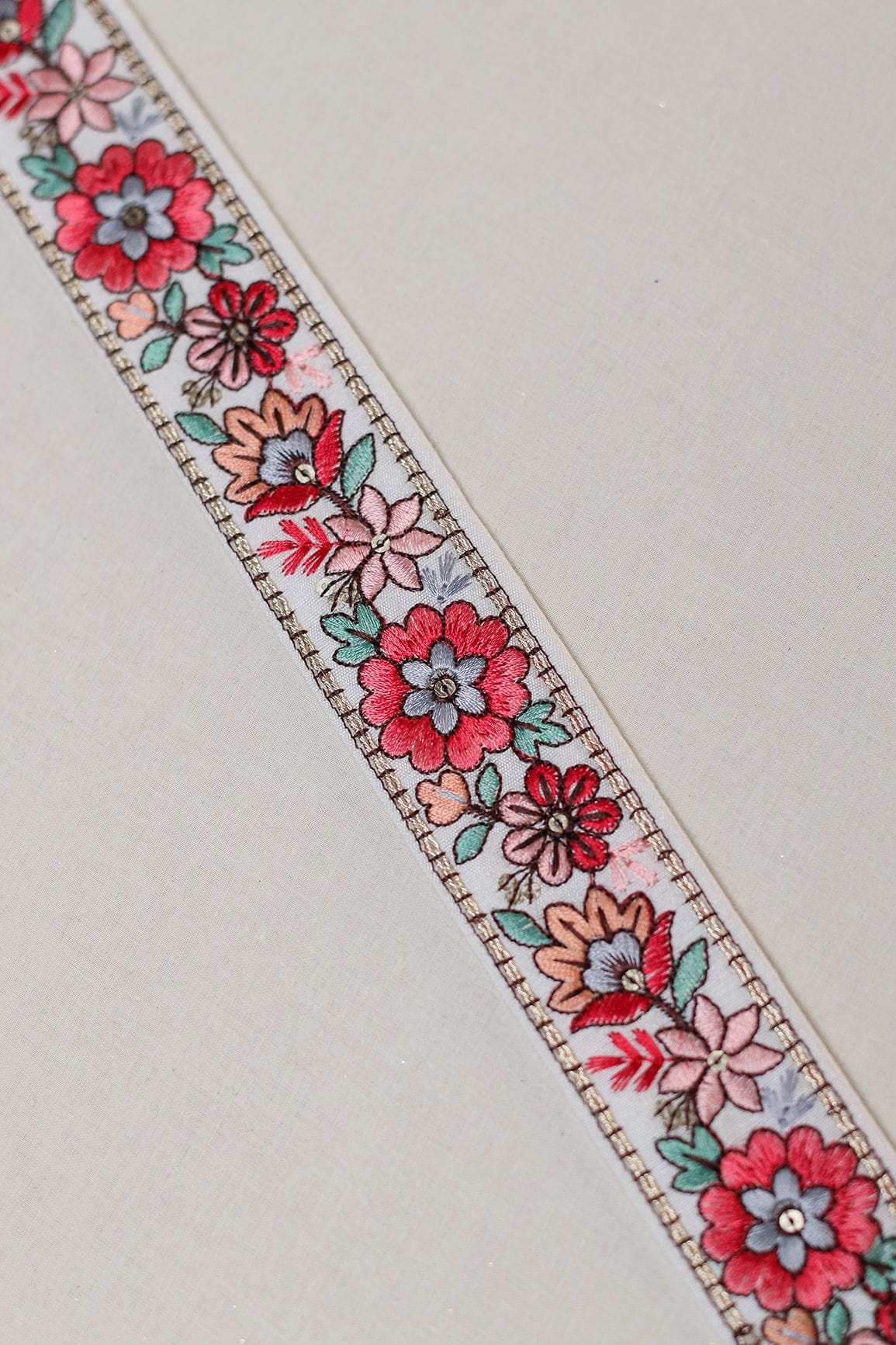 Multi Color Floral Thread Work With Gold Sequins White Embroidered Lace (9 Meters) - doeraa