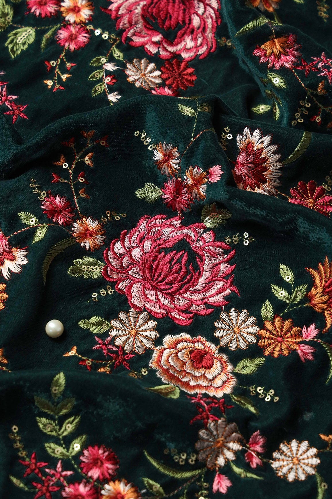 Multi Color Heavy Floral Kashmiri Embroidery Work On Bottle Green Velvet Fabric - doeraa