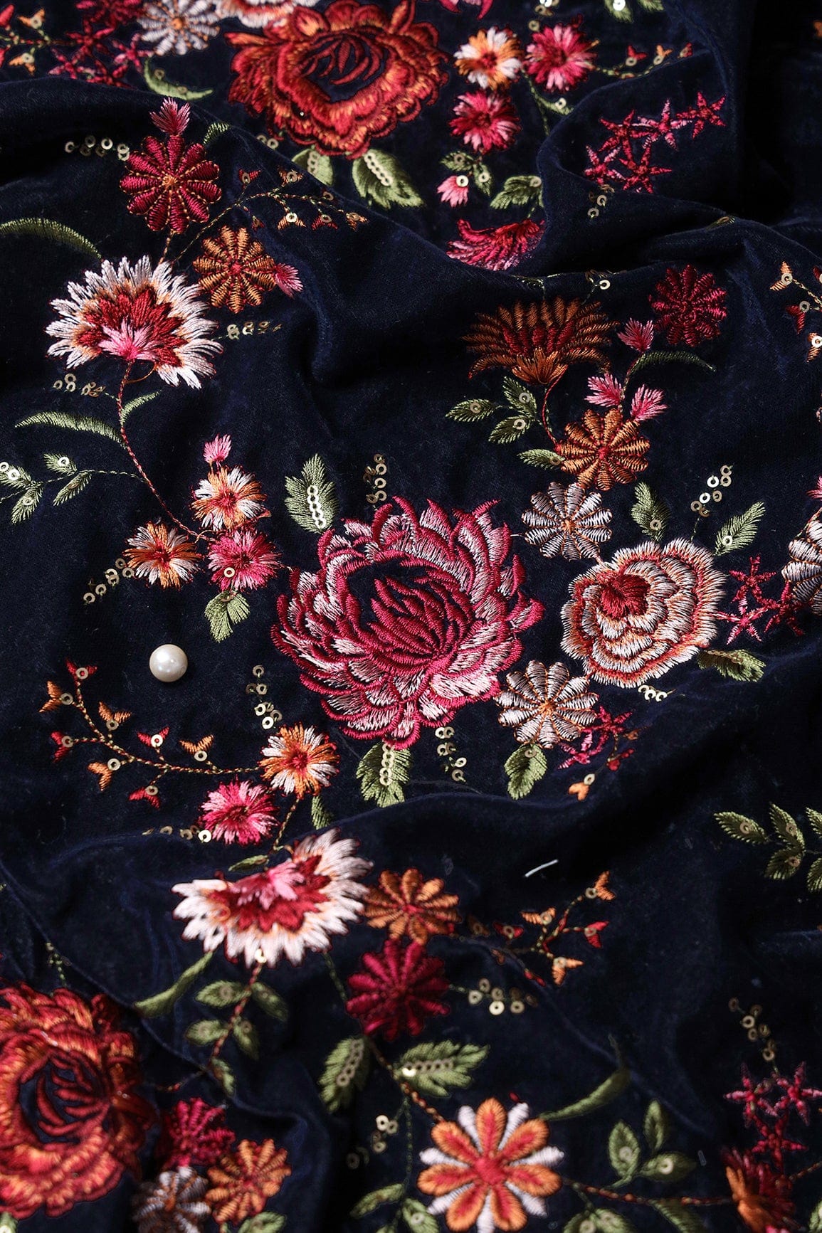 Multi Color Heavy Floral Kashmiri Embroidery Work On Navy Blue Velvet Fabric - doeraa
