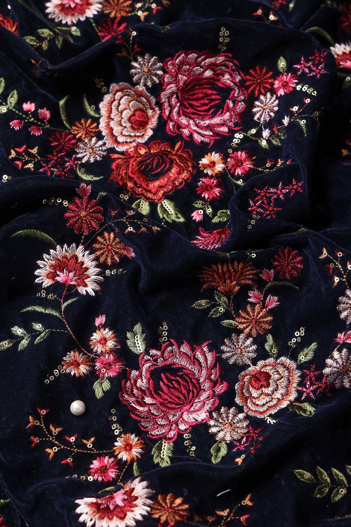 Multi Color Heavy Floral Kashmiri Embroidery Work On Navy Blue Velvet Fabric - doeraa