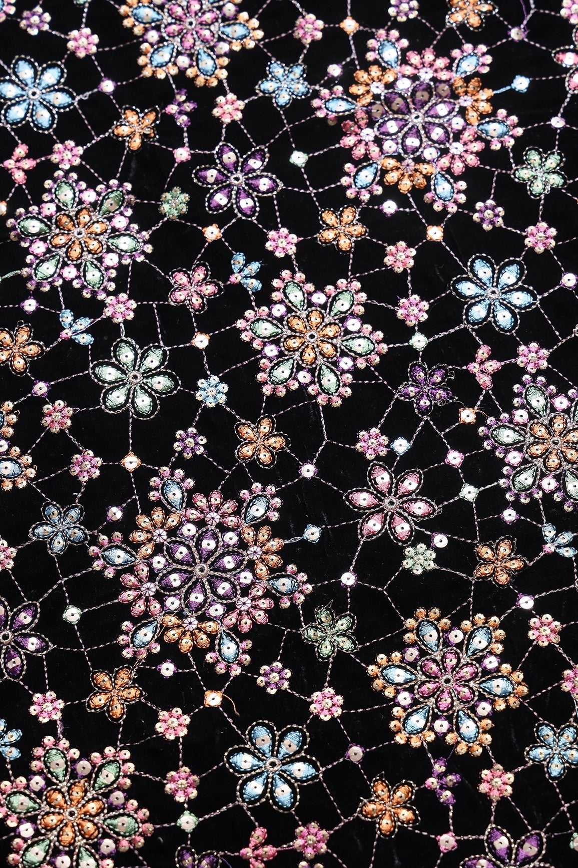 Multi Color Pastel Thread With Gold Sequins Floral Heavy Embroidery Work On Black Velvet Fabric - doeraa