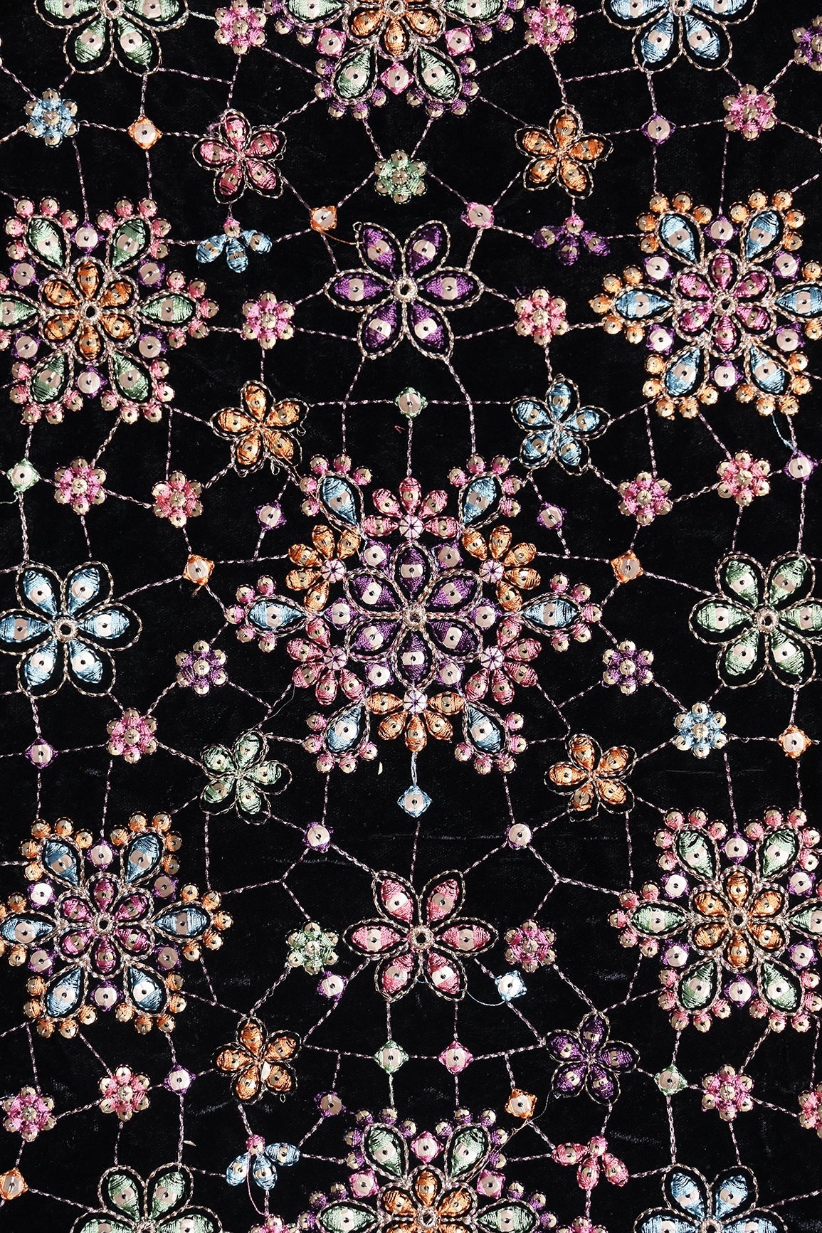 Multi Color Pastel Thread With Gold Sequins Floral Heavy Embroidery Work On Black Velvet Fabric - doeraa