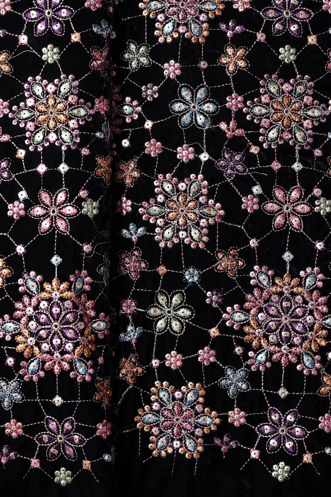 Multi Color Pastel Thread With Gold Sequins Floral Heavy Embroidery Work On Black Velvet Fabric - doeraa