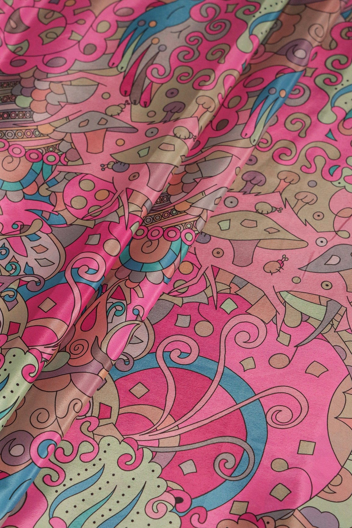 Multi Color Quirky Pattern Digital Print On Pink Crepe Fabric - doeraa