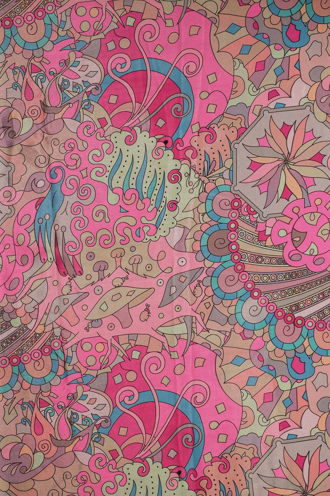 Multi Color Quirky Pattern Digital Print On Pink Crepe Fabric - doeraa