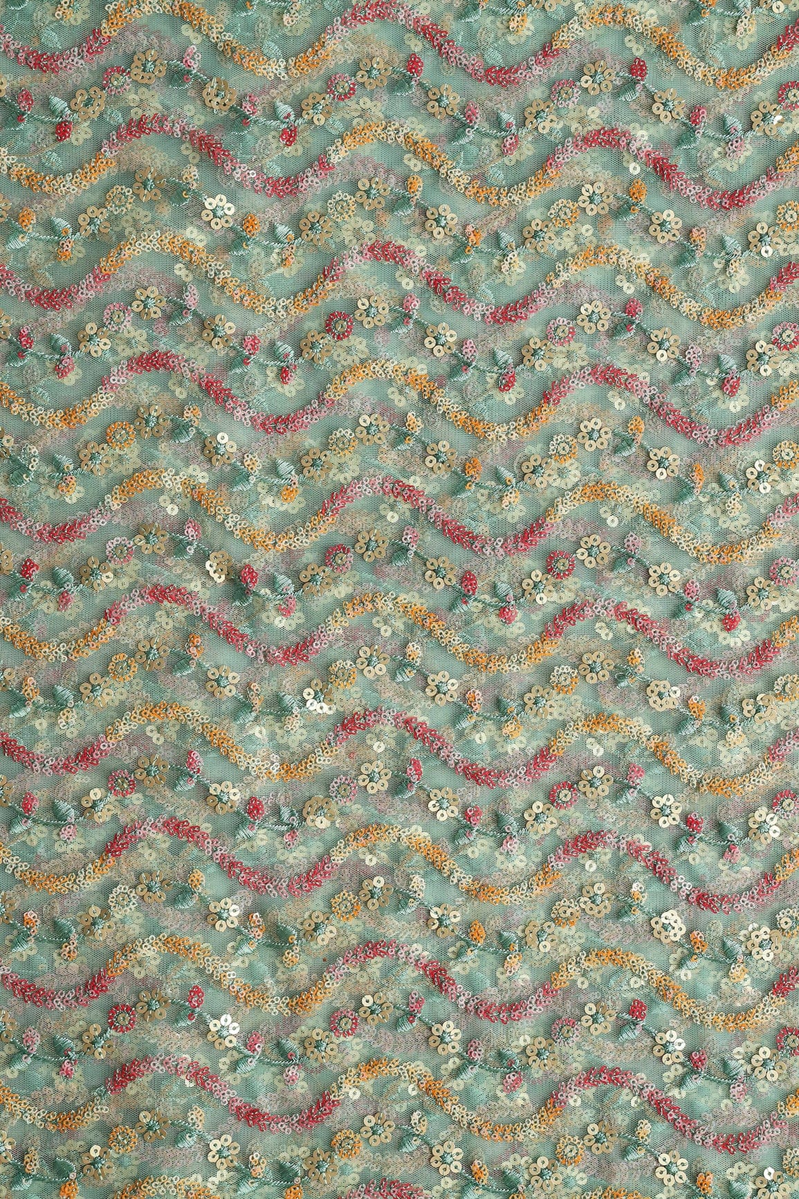 Multi Color Sequins Heavy Wavy Embroidery Work On Teal Soft Net Fabric - doeraa