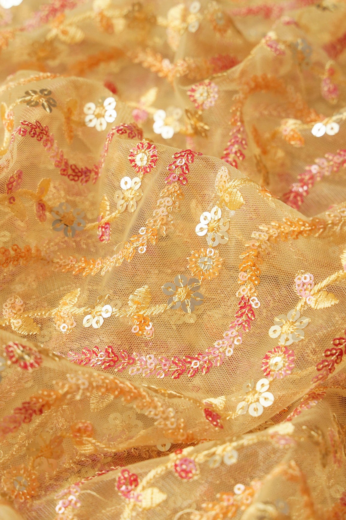 Multi Color Sequins Heavy Wavy Embroidery Work On Yellow Soft Net Fabric - doeraa