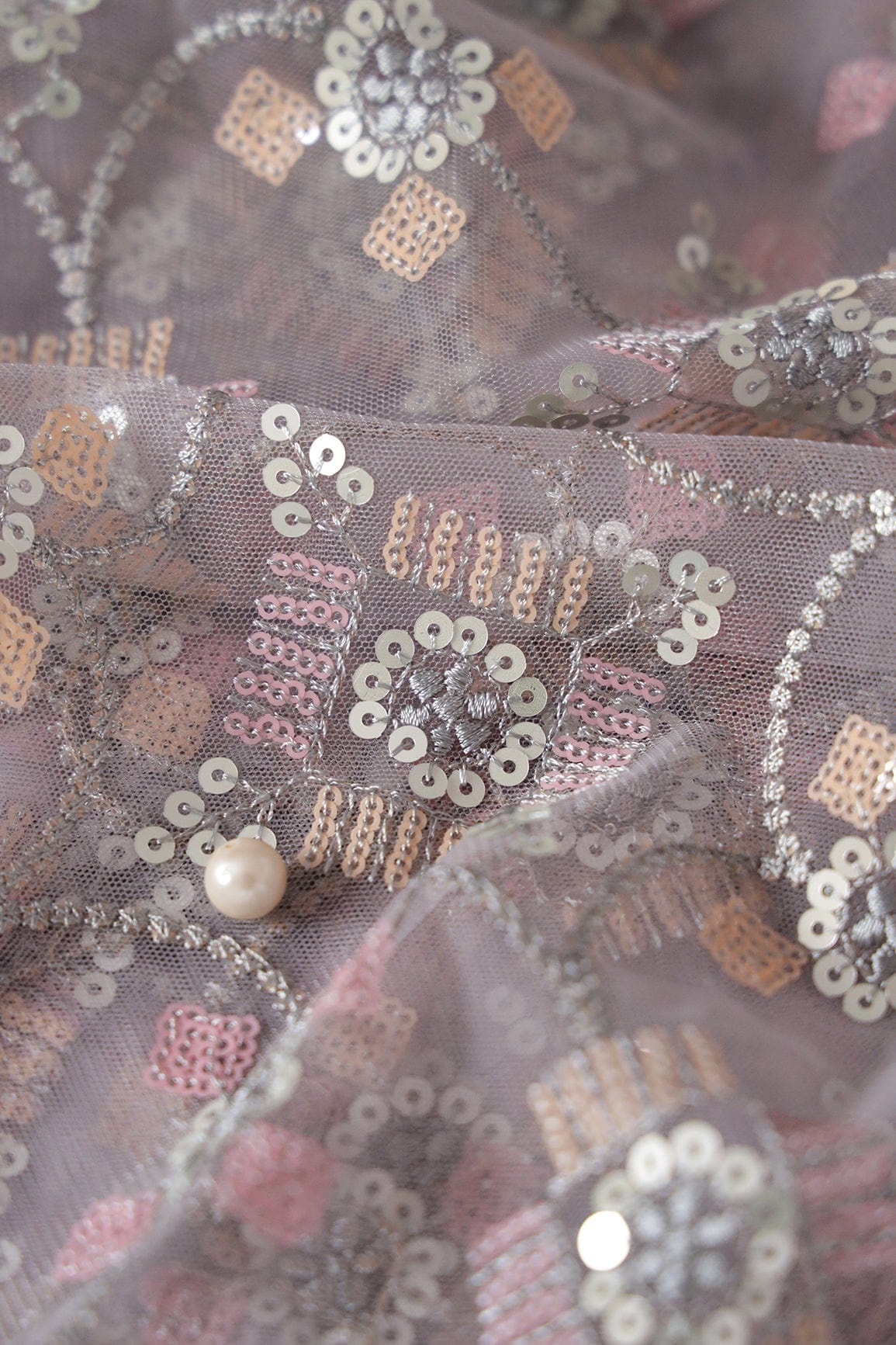 Multi Color Sequins With Grey Thread Geometric Embroidery Work On Lavender Soft Net Fabric - doeraa