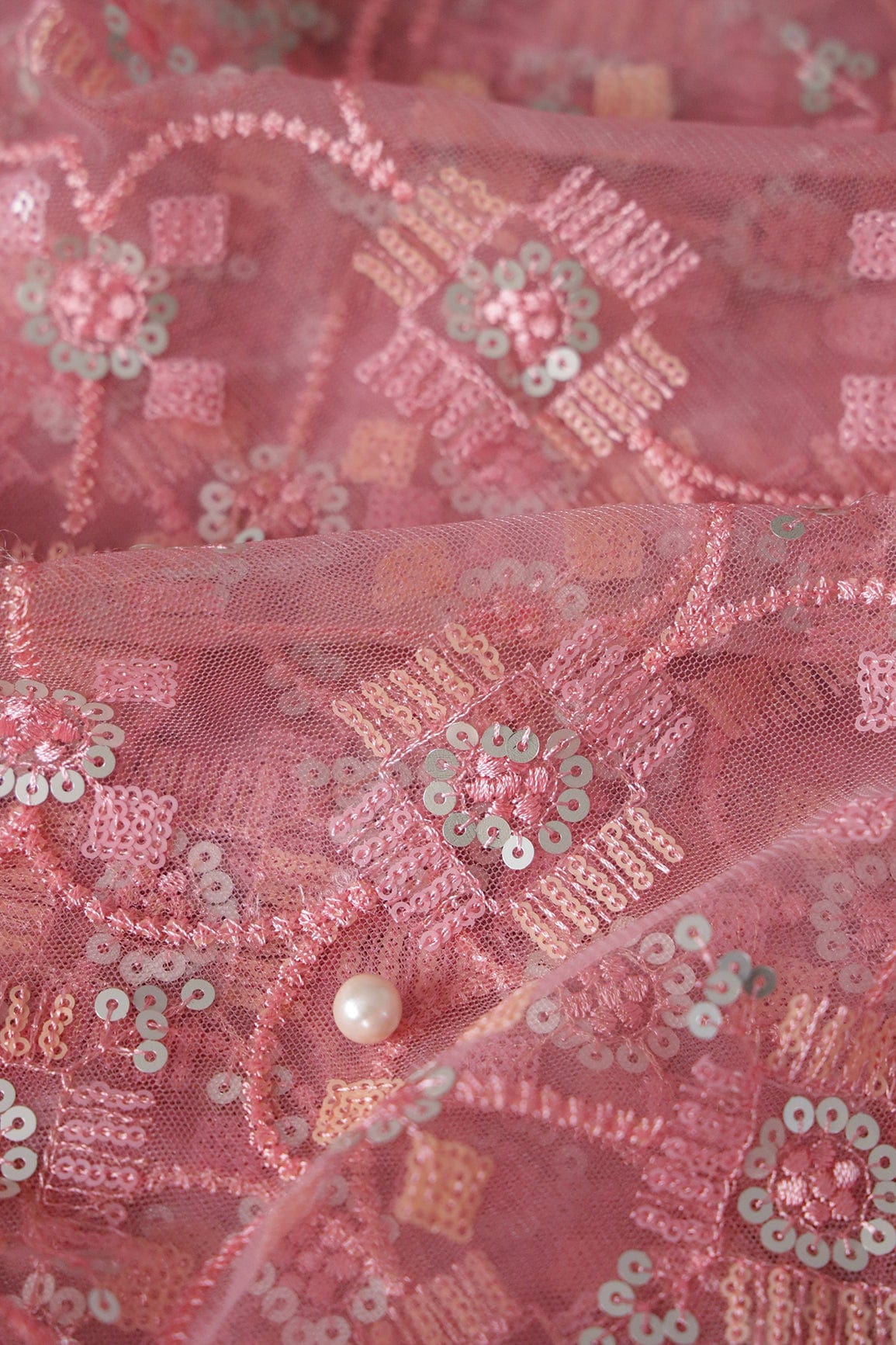 Multi Color Sequins With Pink Thread Geometric Embroidery Work On Pink Soft Net Fabric - doeraa