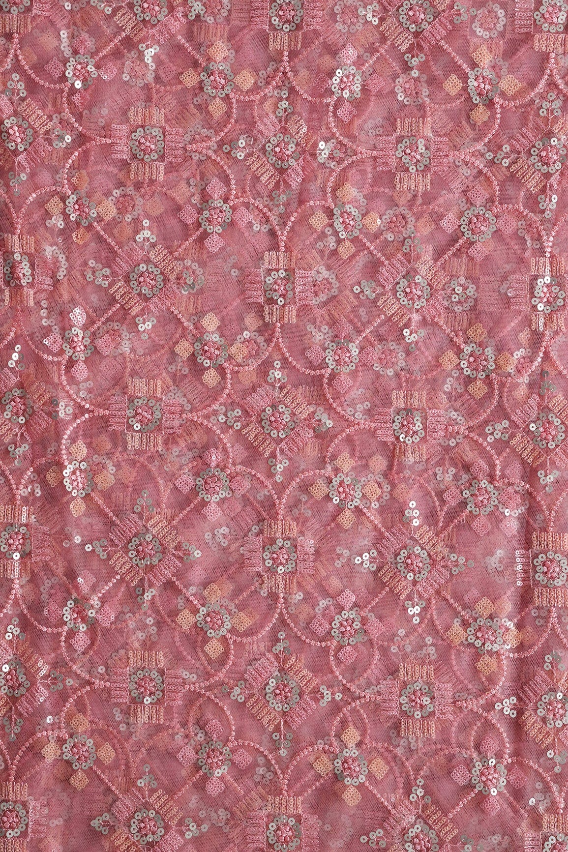 Multi Color Sequins With Pink Thread Geometric Embroidery Work On Pink Soft Net Fabric - doeraa