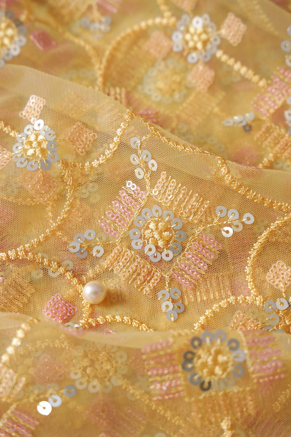 Multi Color Sequins With Yellow Thread Geometric Embroidery Work On Yellow Soft Net Fabric - doeraa