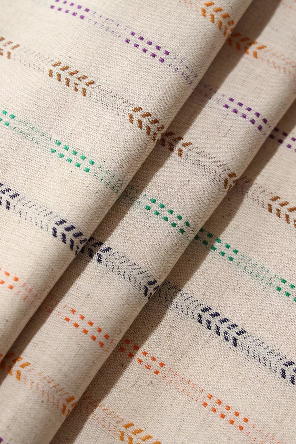 Multi Color Stripes Pattern On Off White Handwoven Organic Flex Cotton Fabric - doeraa