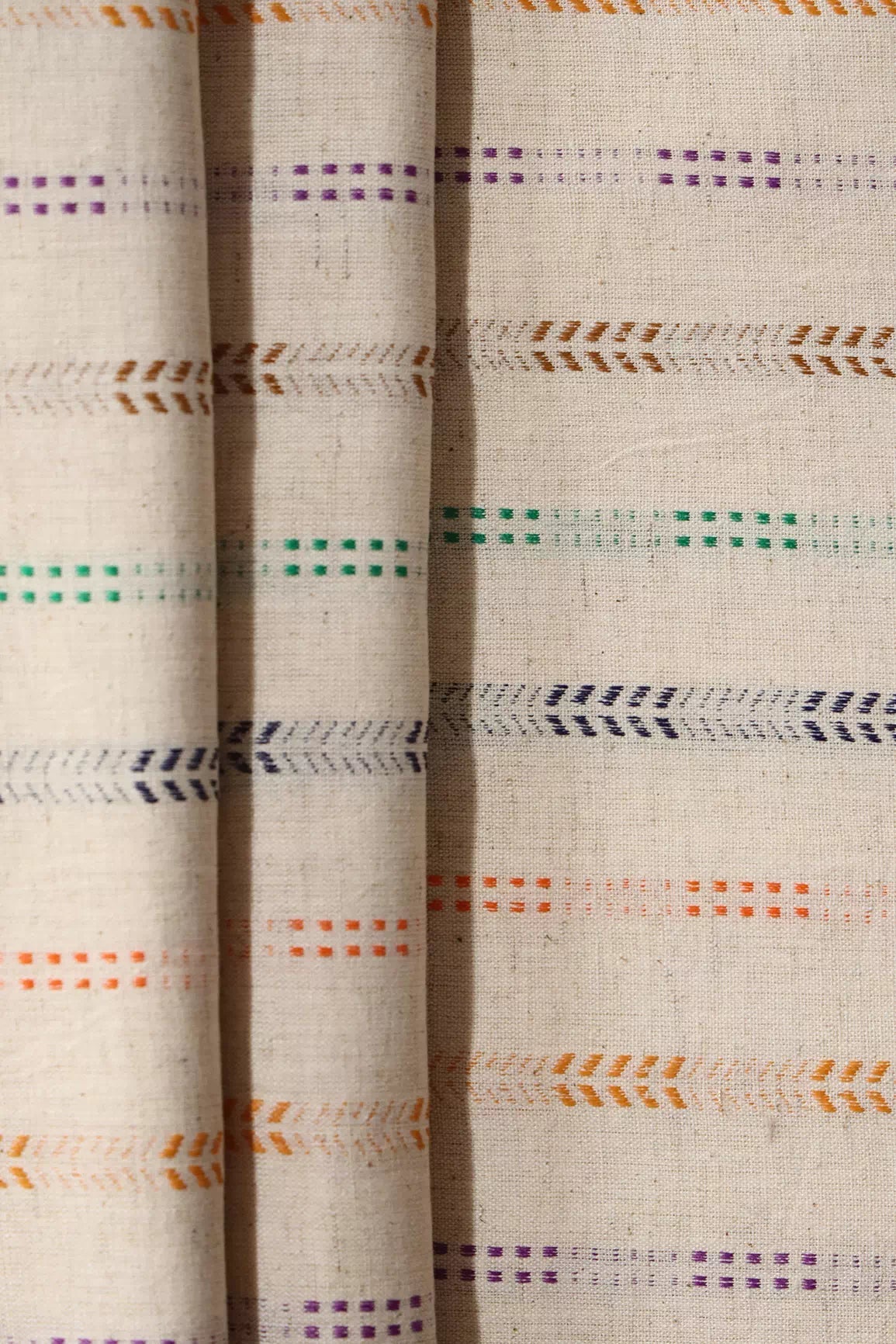 Multi Color Stripes Pattern On Off White Handwoven Organic Flex Cotton Fabric - doeraa