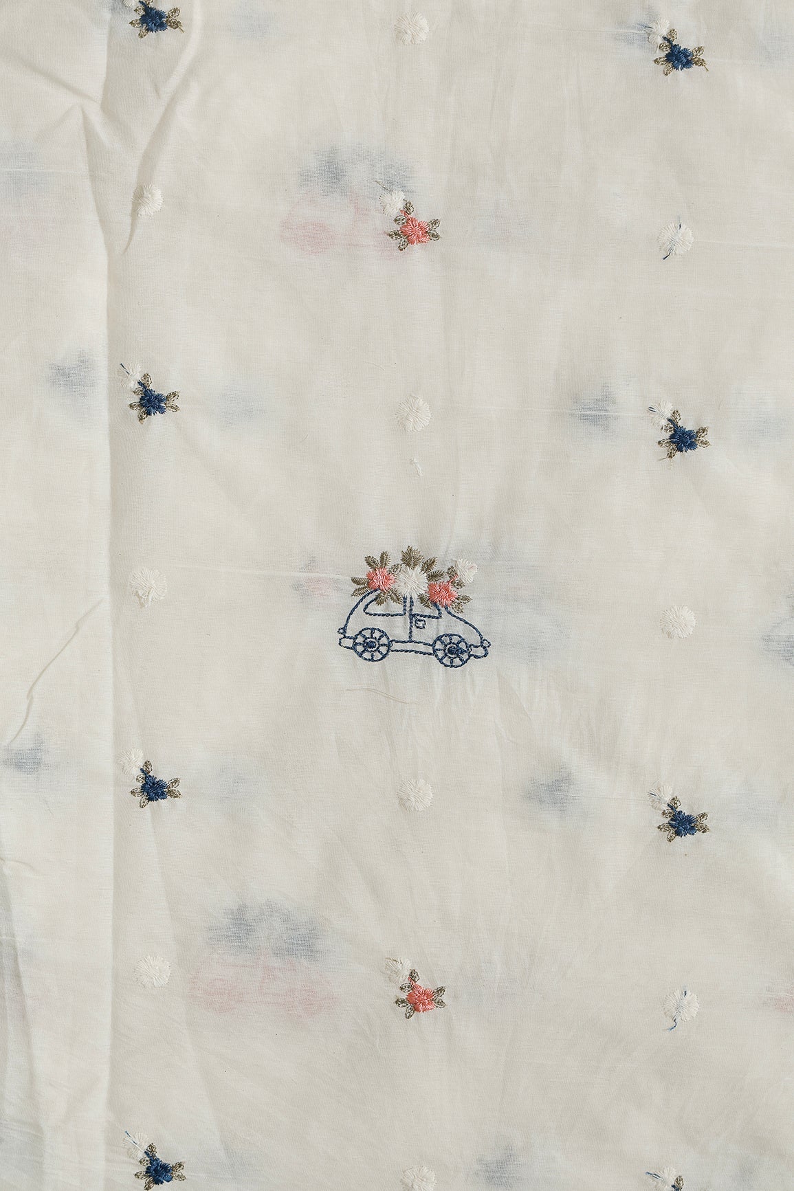Multi Color Thread Car Motif Embroidery Design Work On Off White Organic Cotton Fabric - doeraa