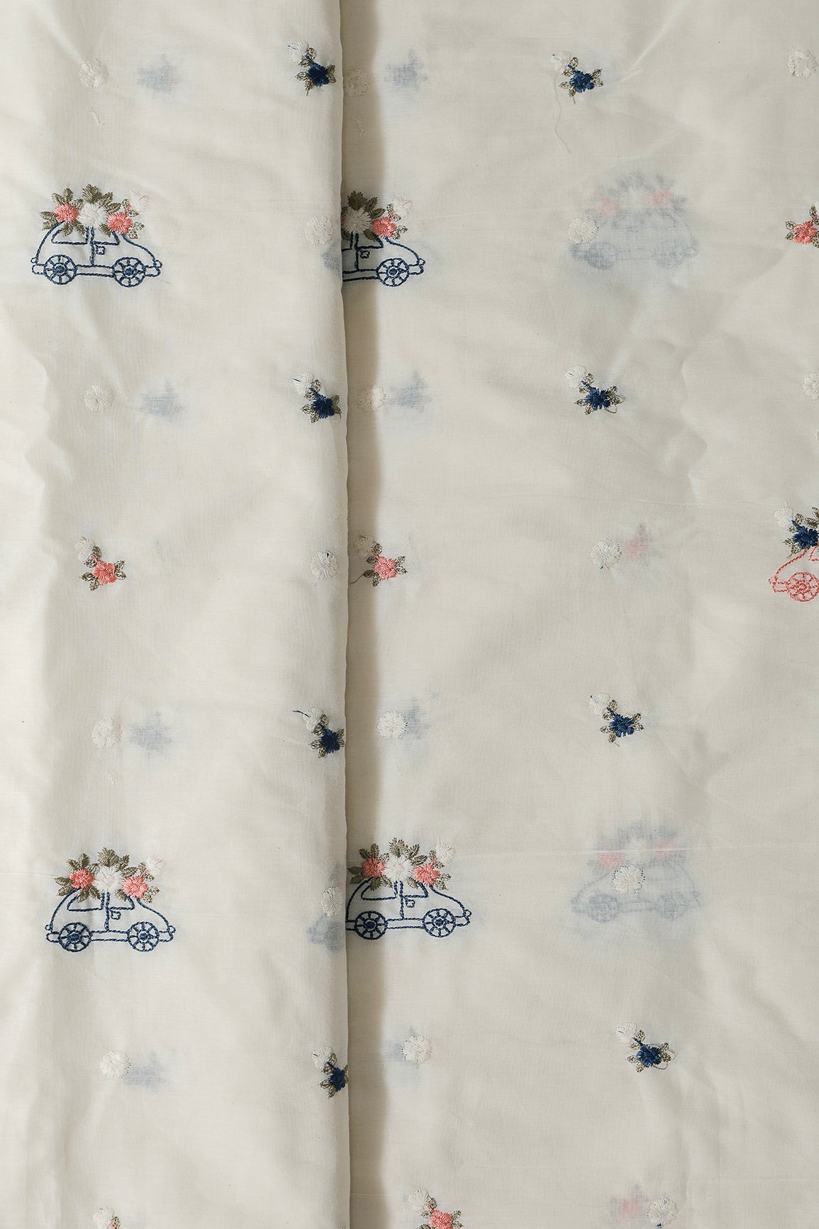 Multi Color Thread Car Motif Embroidery Design Work On Off White Organic Cotton Fabric - doeraa