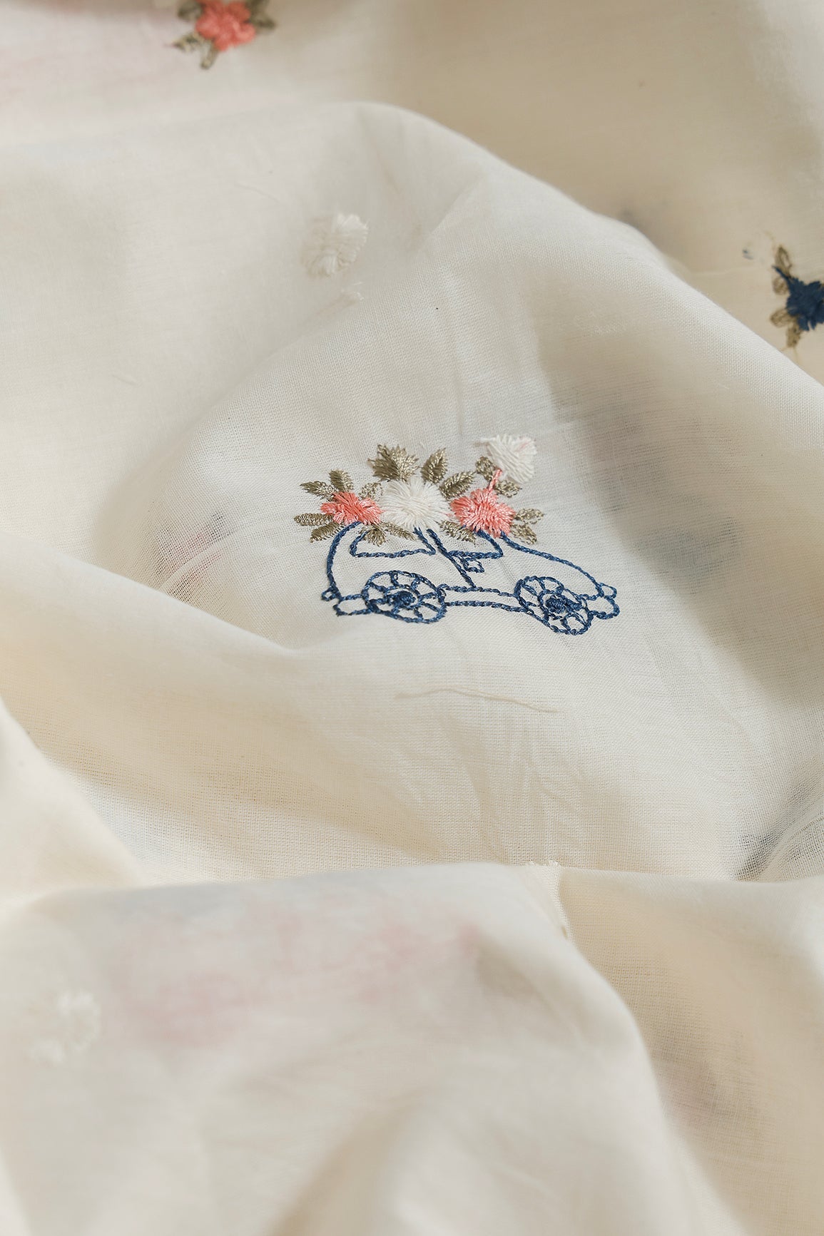 Multi Color Thread Car Motif Embroidery Design Work On Off White Organic Cotton Fabric - doeraa