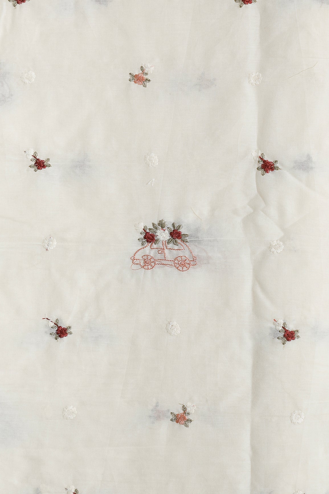 Multi Color Thread Car Motif Embroidery Design Work On Off White Organic Cotton Fabric - doeraa
