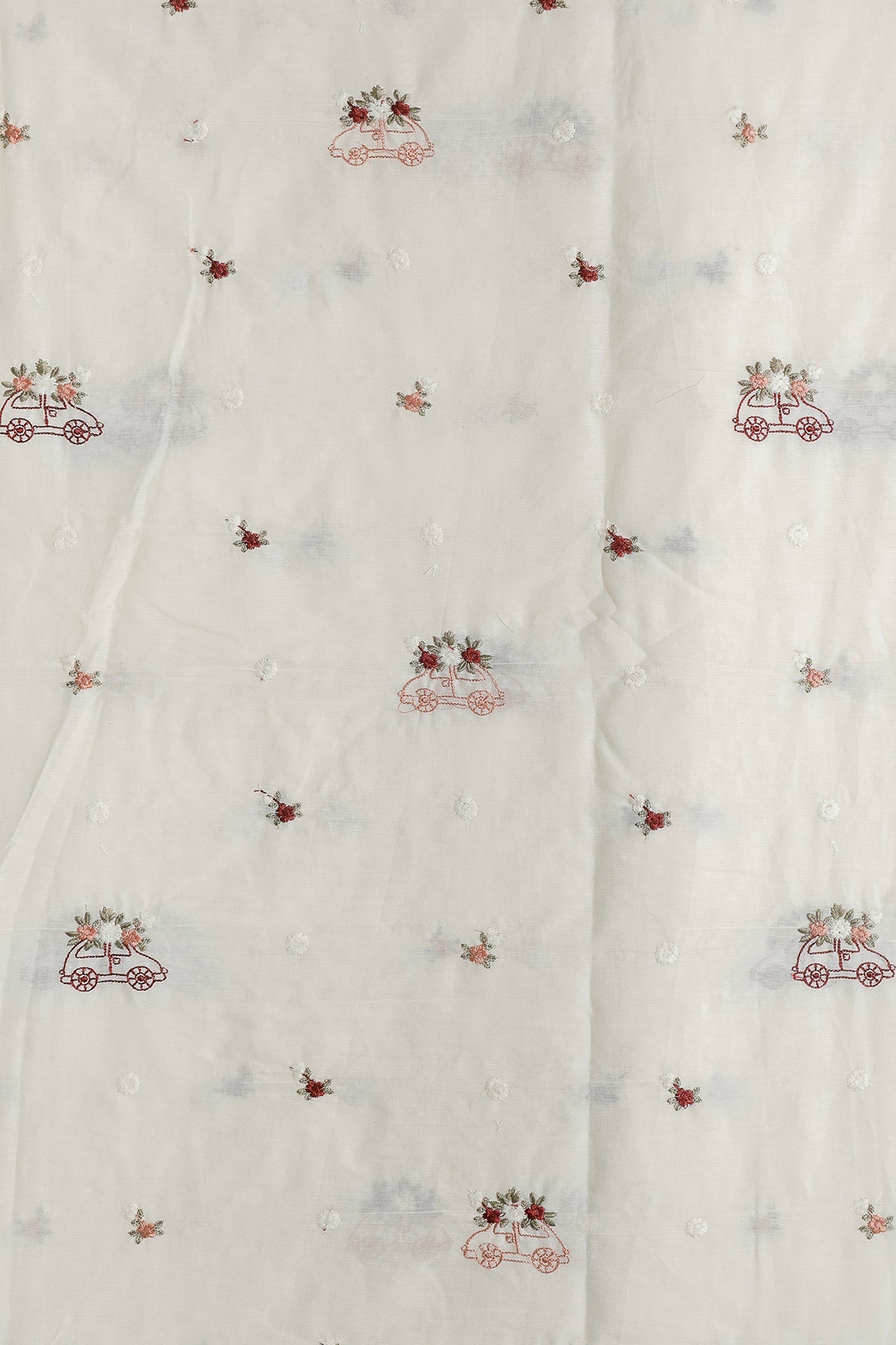 Multi Color Thread Car Motif Embroidery Design Work On Off White Organic Cotton Fabric - doeraa
