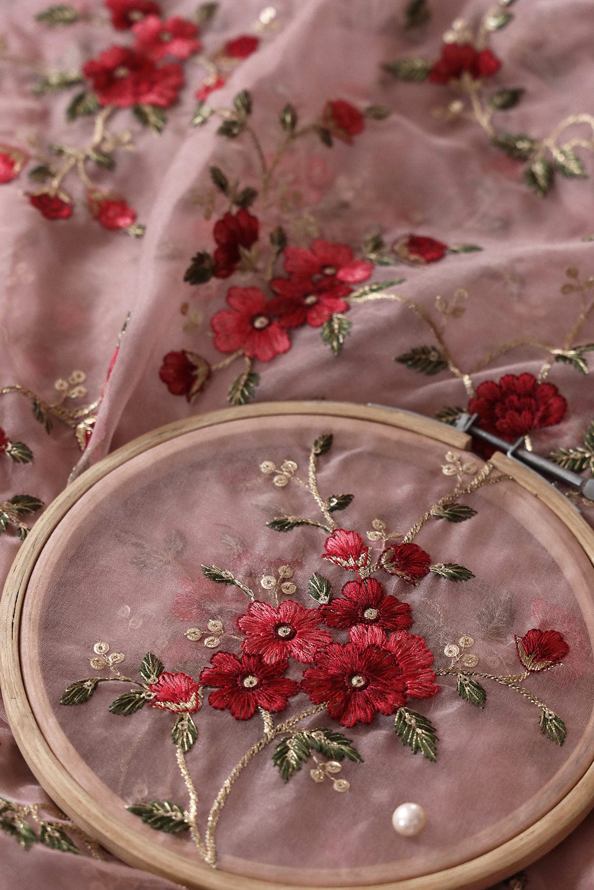 Multi Color Thread Floral Embroidery Work On Salmon Pink Organza Fabric - doeraa