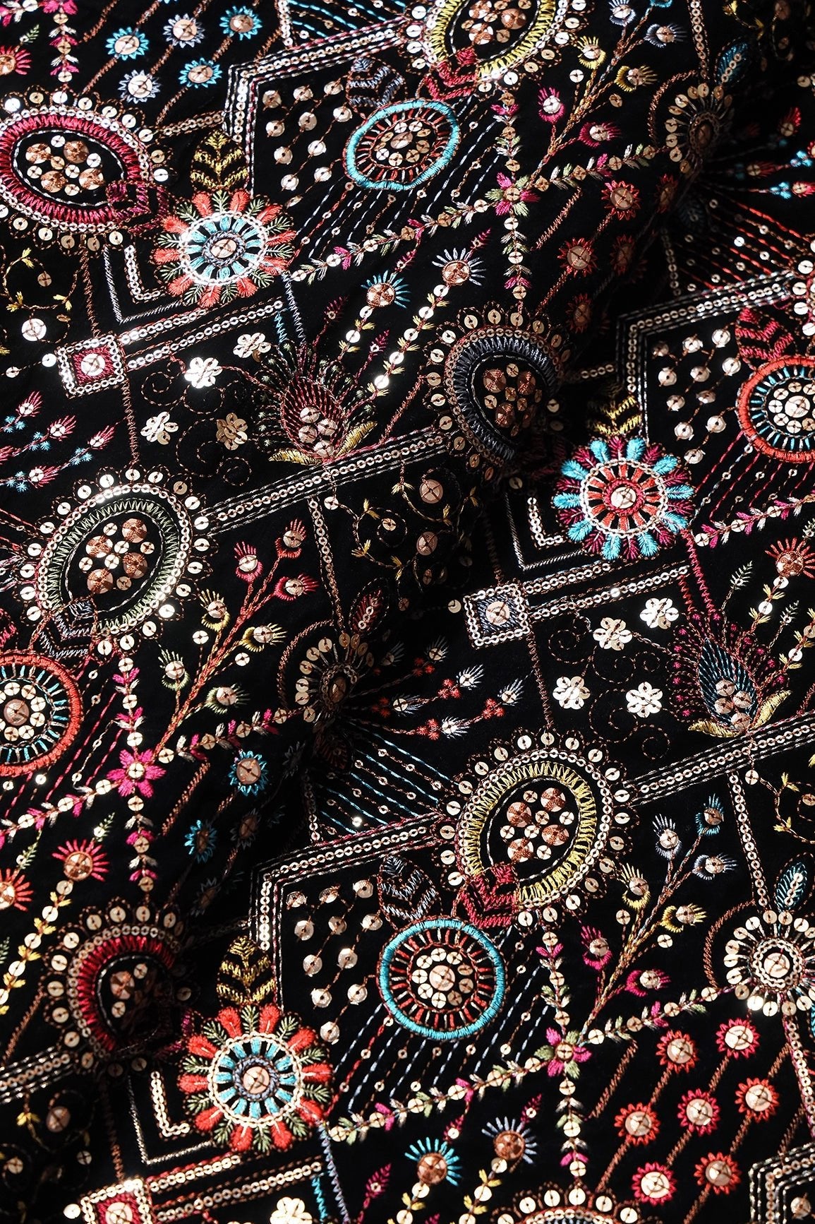 Multi Color Thread With Gold Sequins Traditional Embroidery Work On Black Velvet Fabric - doeraa