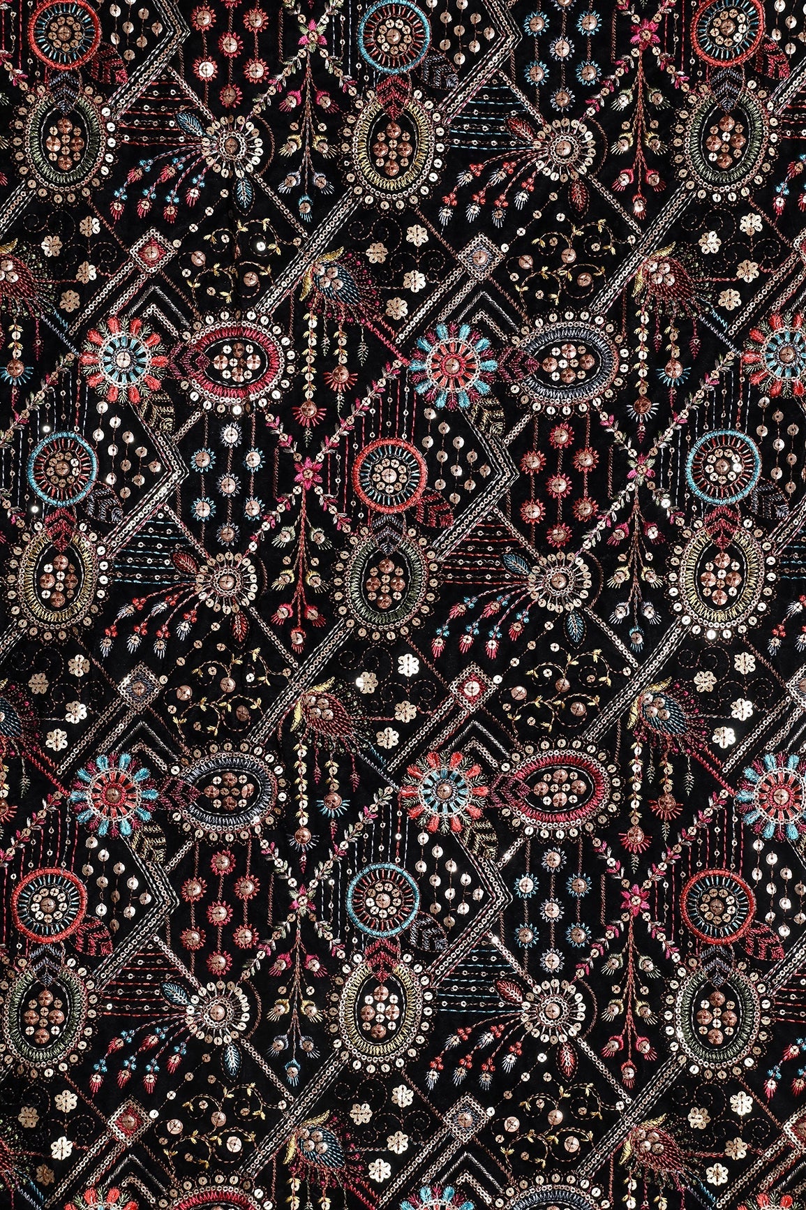 Multi Color Thread With Gold Sequins Traditional Embroidery Work On Black Velvet Fabric - doeraa