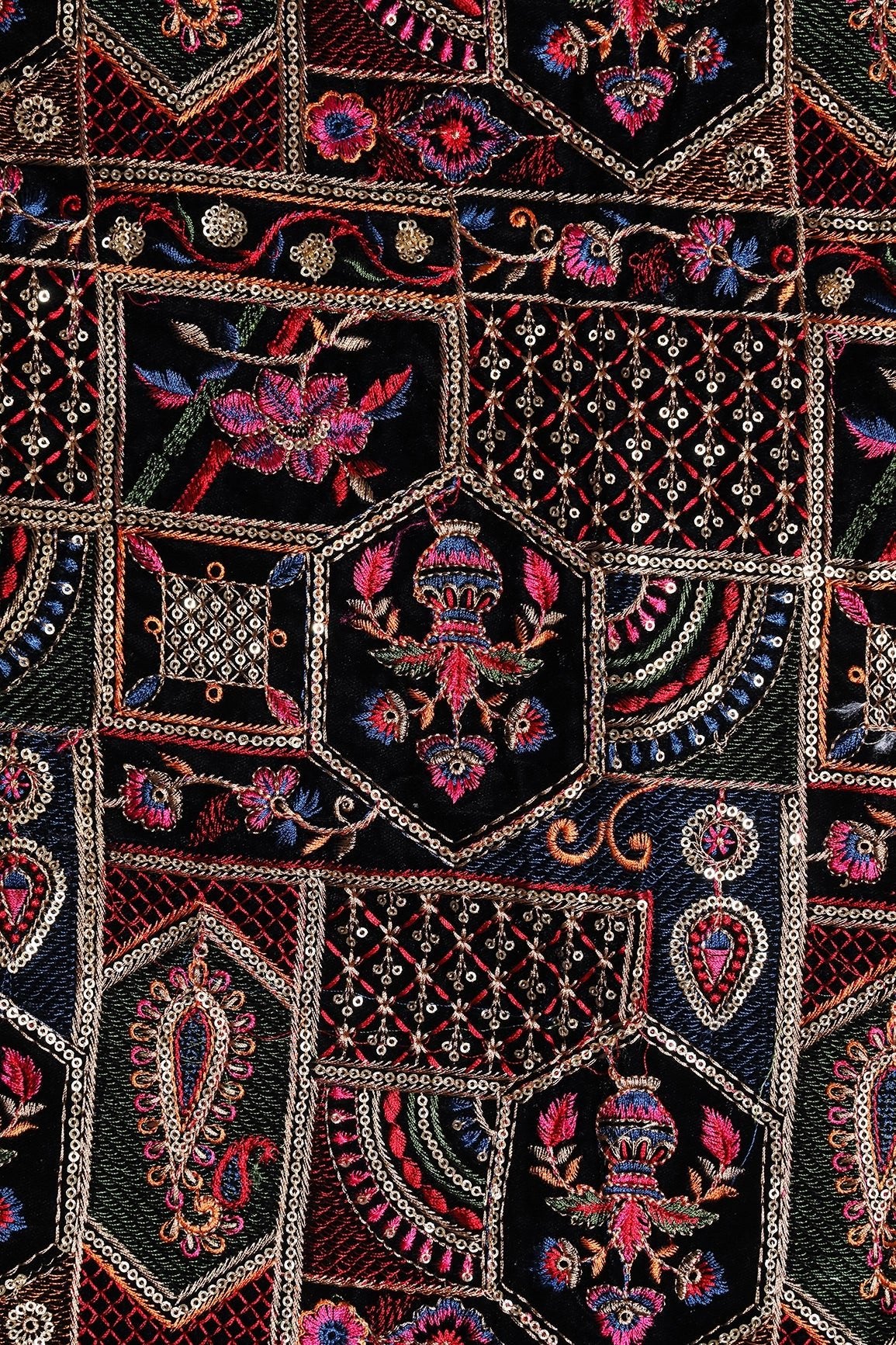 Multi Color Thread With Gold Sequins Traditional Heavy Embroidery Work On Black Velvet Fabric - doeraa