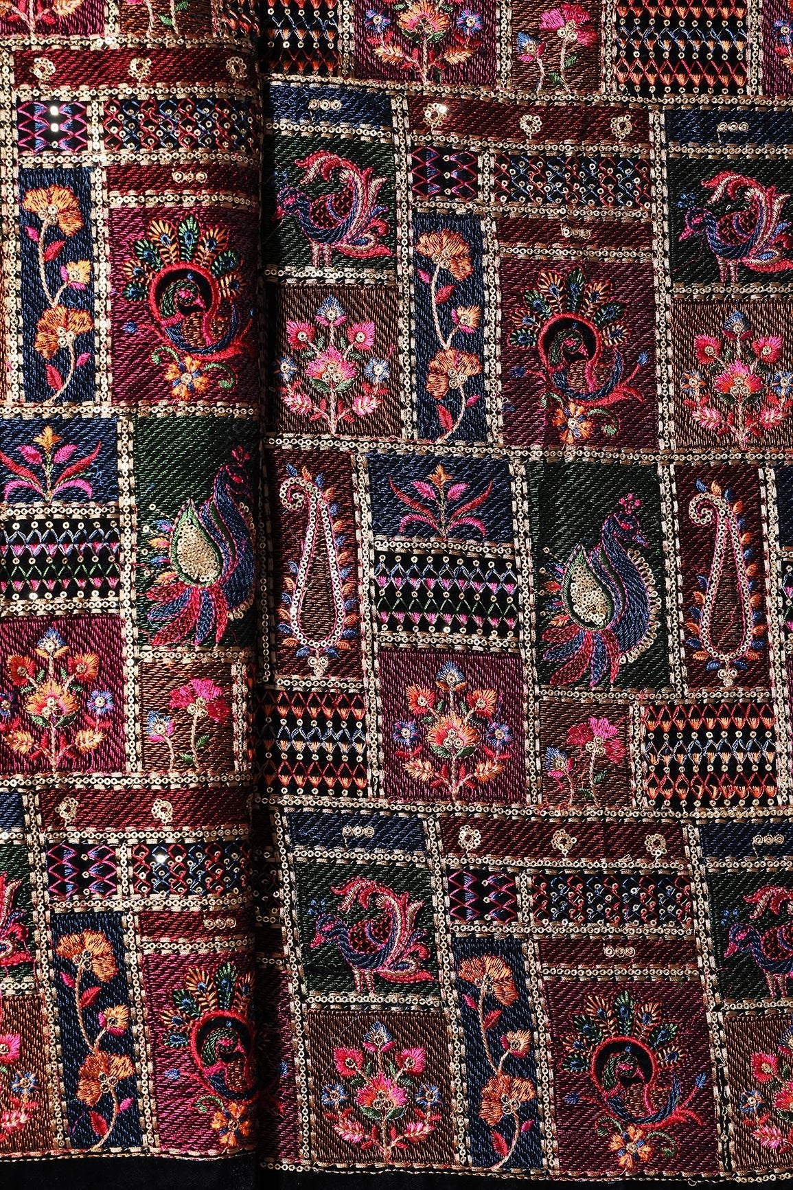 Multi Color Thread With Gold Sequins Traditional Heavy Embroidery Work On Black Velvet Fabric - doeraa