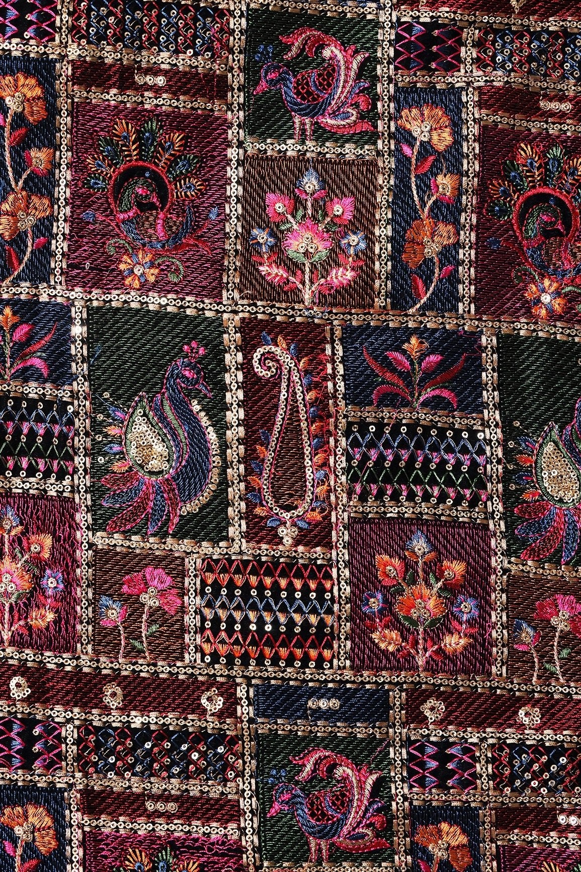 Multi Color Thread With Gold Sequins Traditional Heavy Embroidery Work On Black Velvet Fabric - doeraa