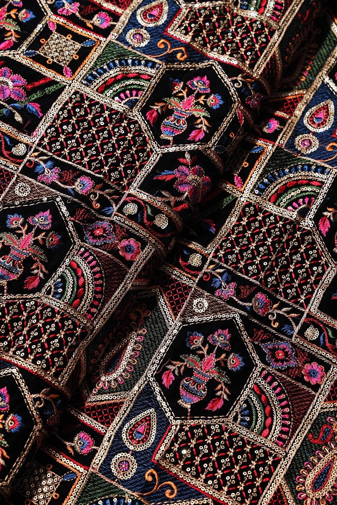 Multi Color Thread With Gold Sequins Traditional Heavy Embroidery Work On Black Velvet Fabric - doeraa