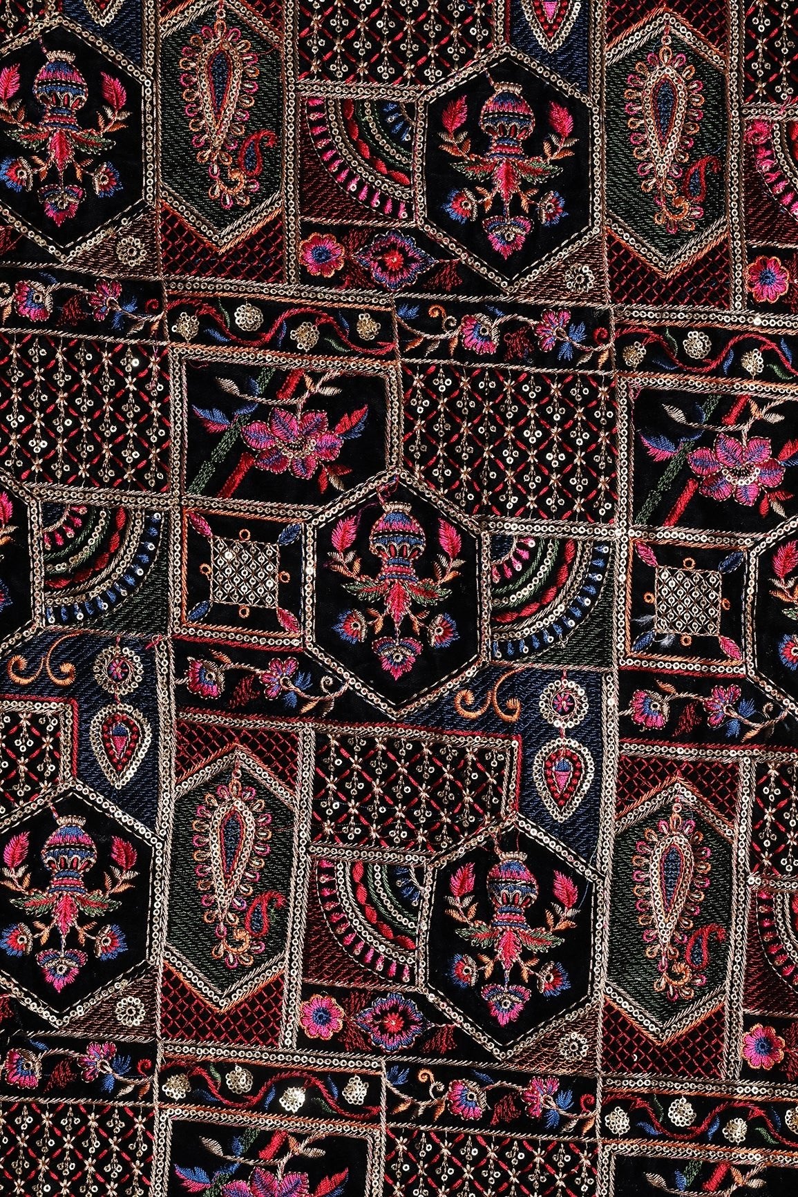 Multi Color Thread With Gold Sequins Traditional Heavy Embroidery Work On Black Velvet Fabric - doeraa