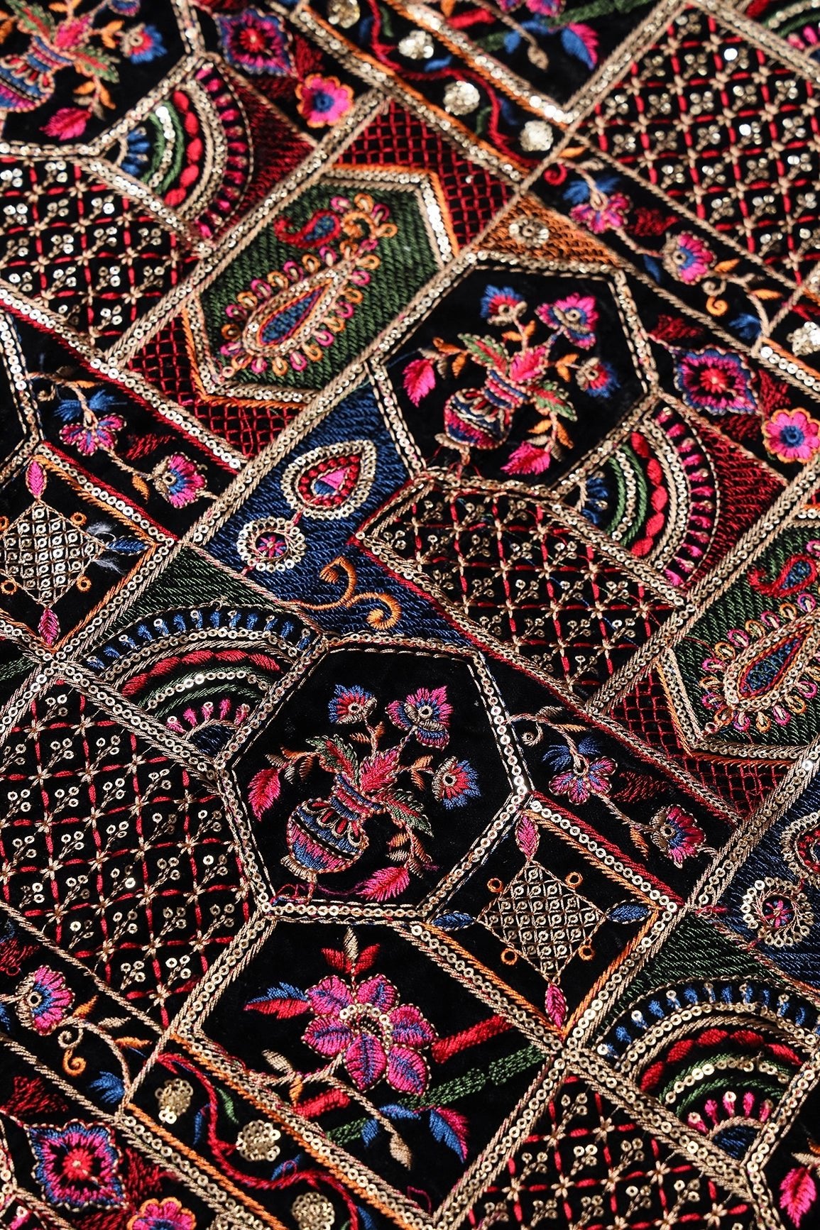 Multi Color Thread With Gold Sequins Traditional Heavy Embroidery Work On Black Velvet Fabric - doeraa