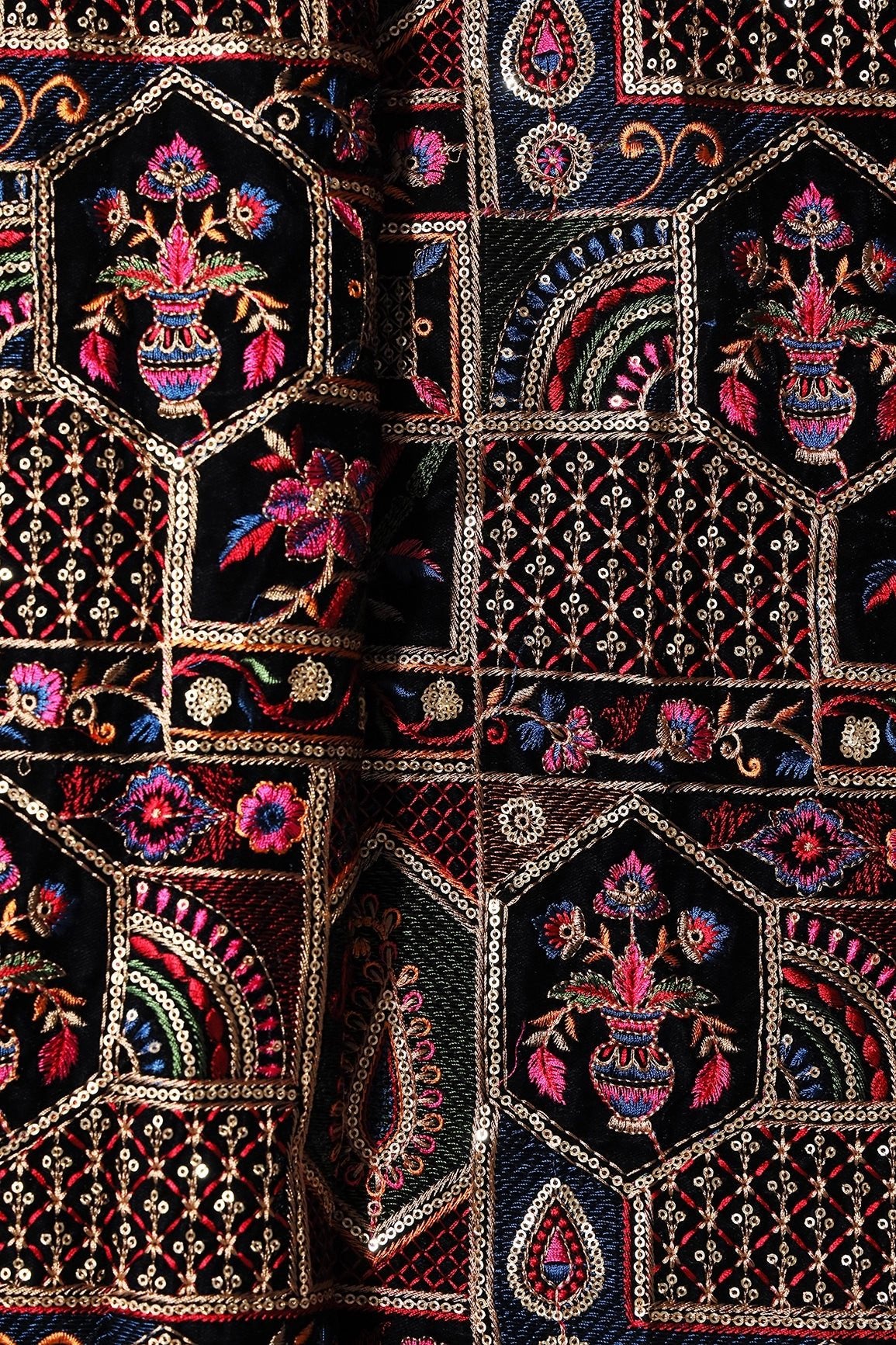 Multi Color Thread With Gold Sequins Traditional Heavy Embroidery Work On Black Velvet Fabric - doeraa