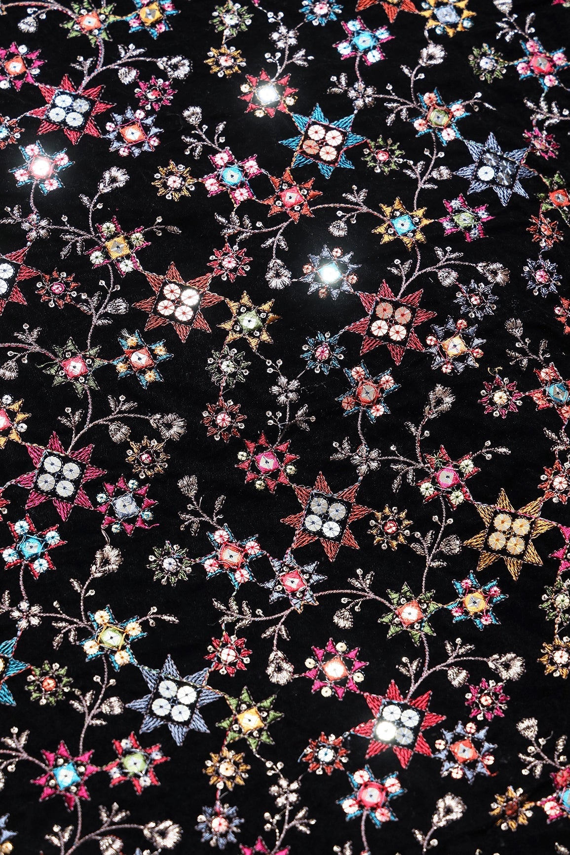 Multi Color Thread With Gold Sequins Traditional Heavy Embroidery Work On Black Velvet Fabric - doeraa