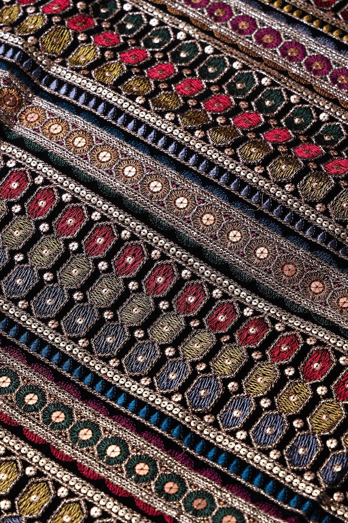 Multi Color Thread With Gold Sequins Traditional Stripes Embroidery Work On Black Velvet Fabric - doeraa