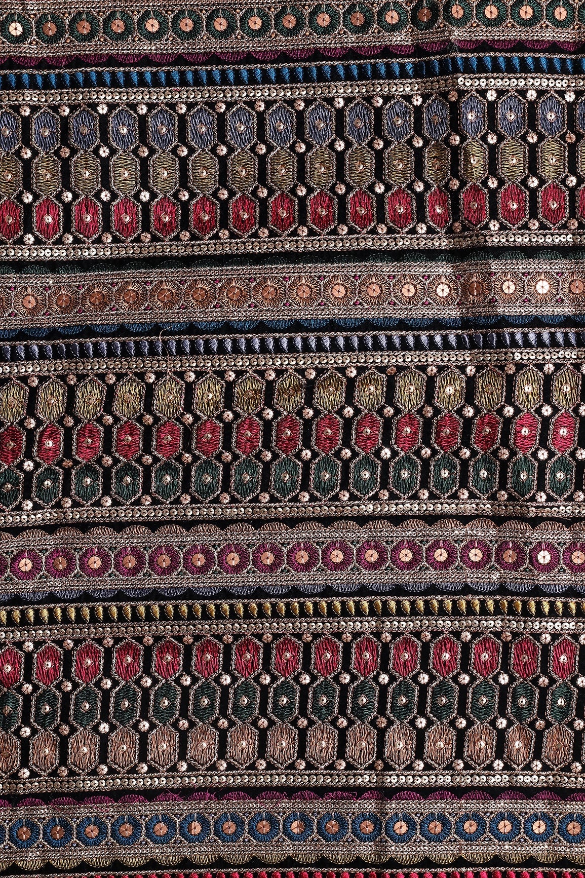 Multi Color Thread With Gold Sequins Traditional Stripes Embroidery Work On Black Velvet Fabric - doeraa