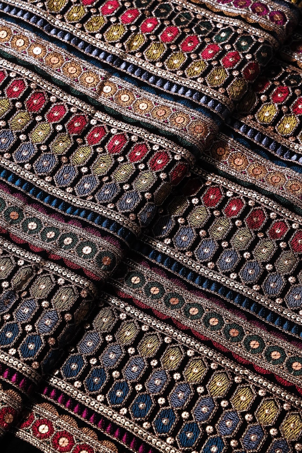 Multi Color Thread With Gold Sequins Traditional Stripes Embroidery Wo