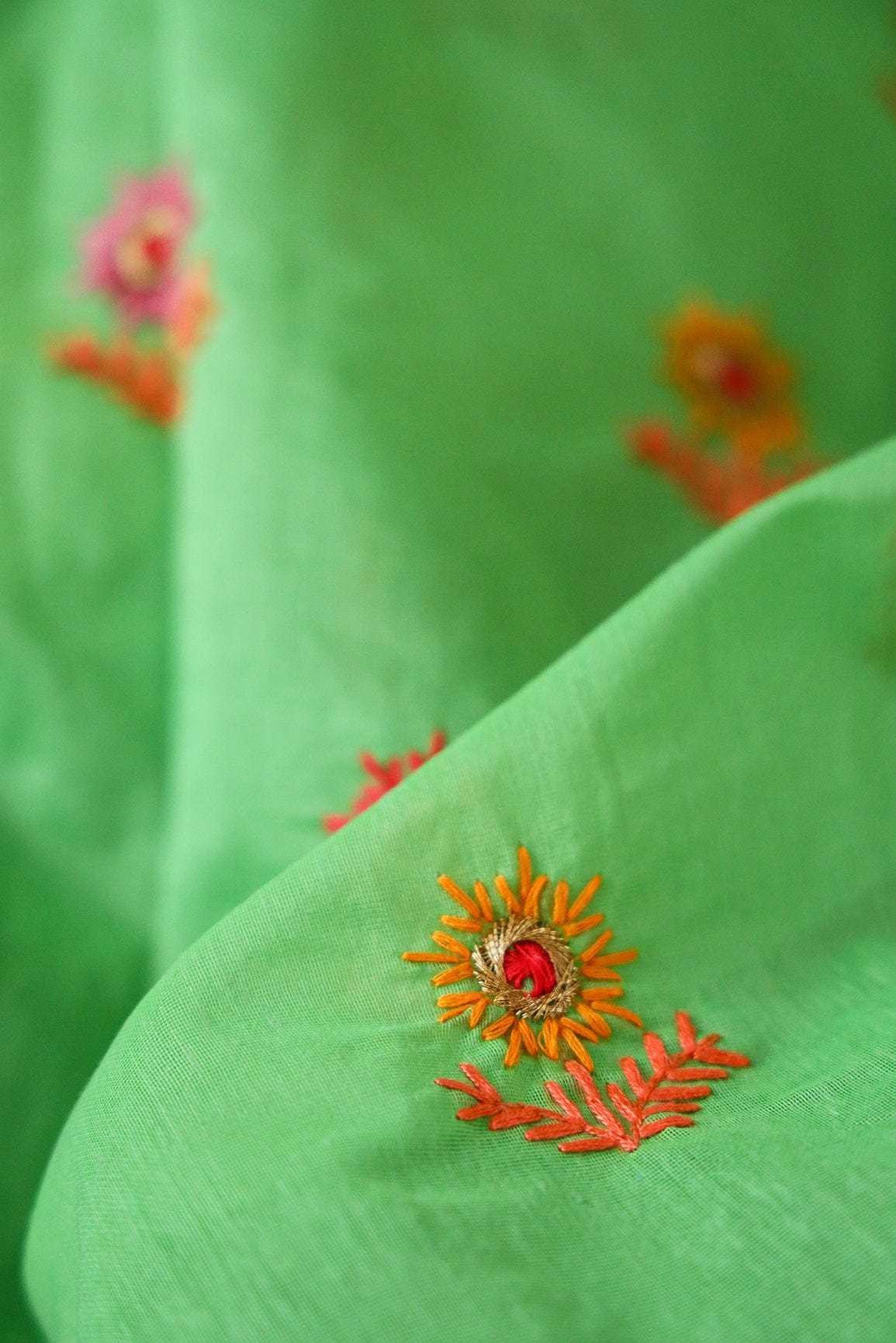 Multi Color Thread With Gold Zari Floral Embroidery Work On Green Chanderi Fabric - doeraa