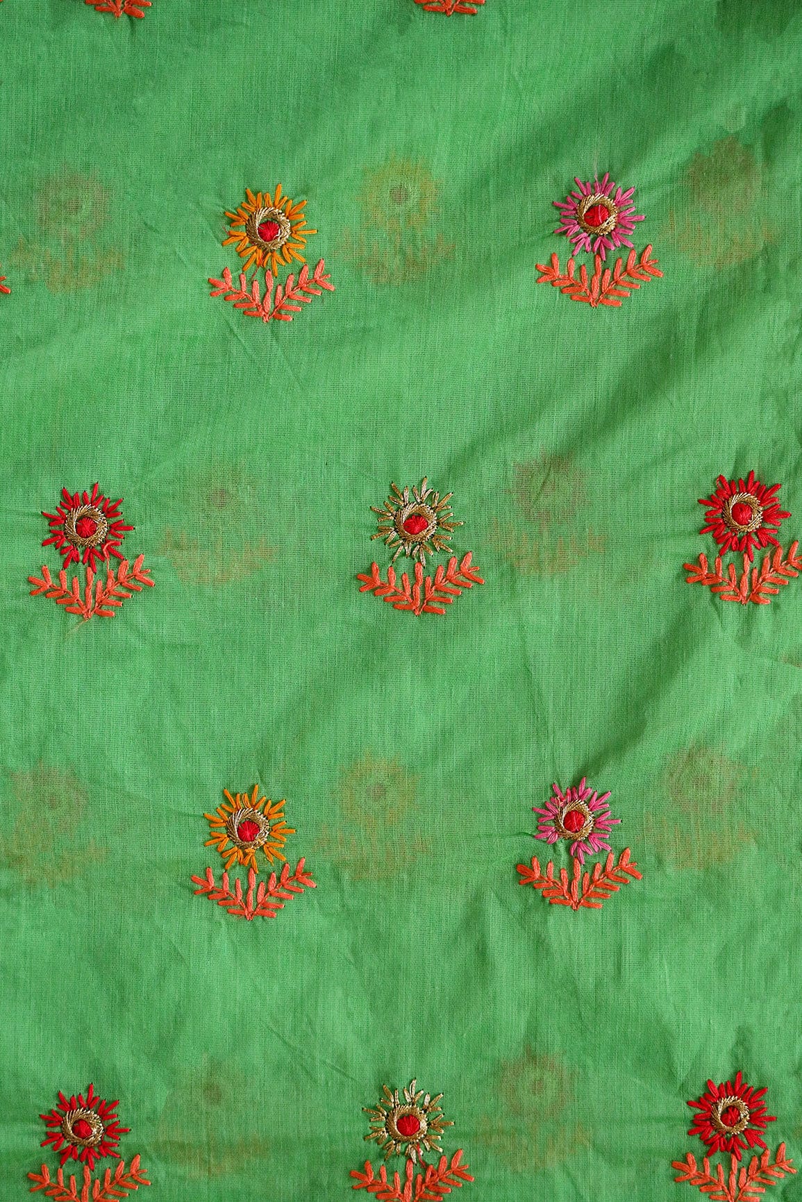 Multi Color Thread With Gold Zari Floral Embroidery Work On Green Chanderi Fabric - doeraa