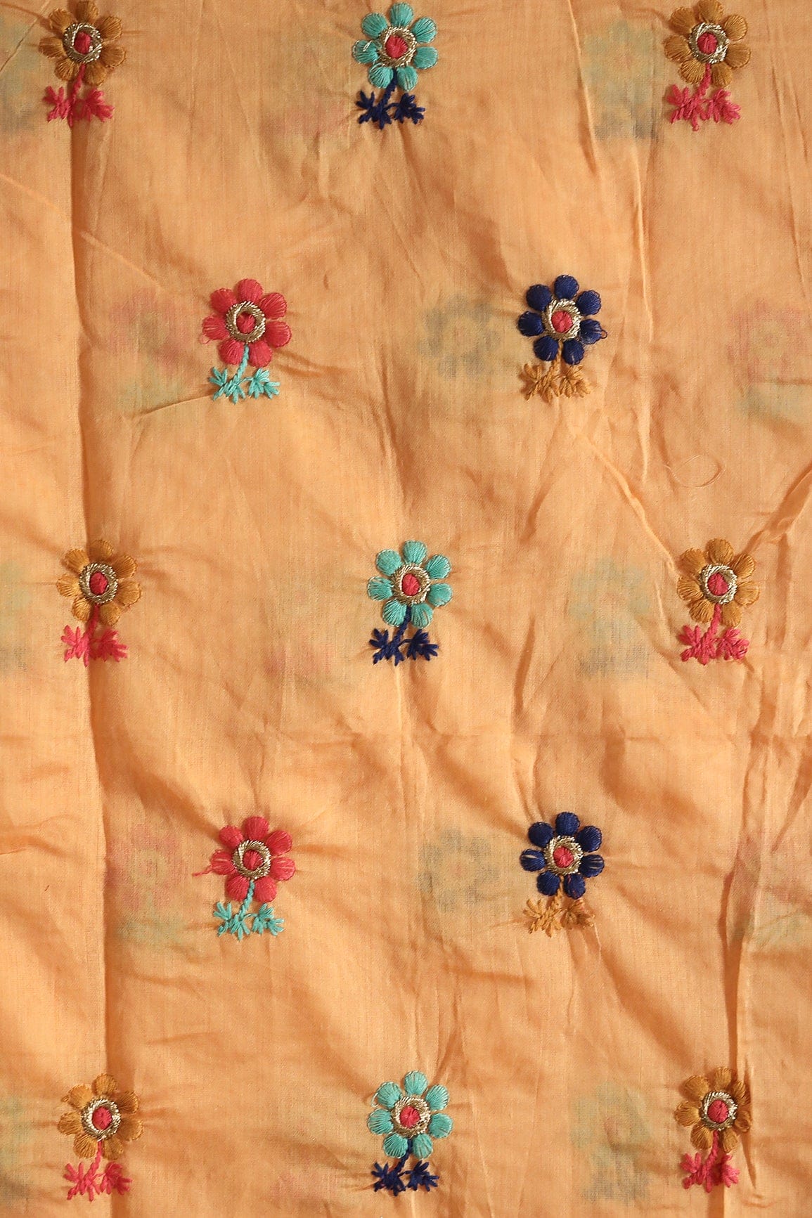 Multi Color Thread With Gold Zari Floral Embroidery Work On Orange Chanderi Fabric - doeraa