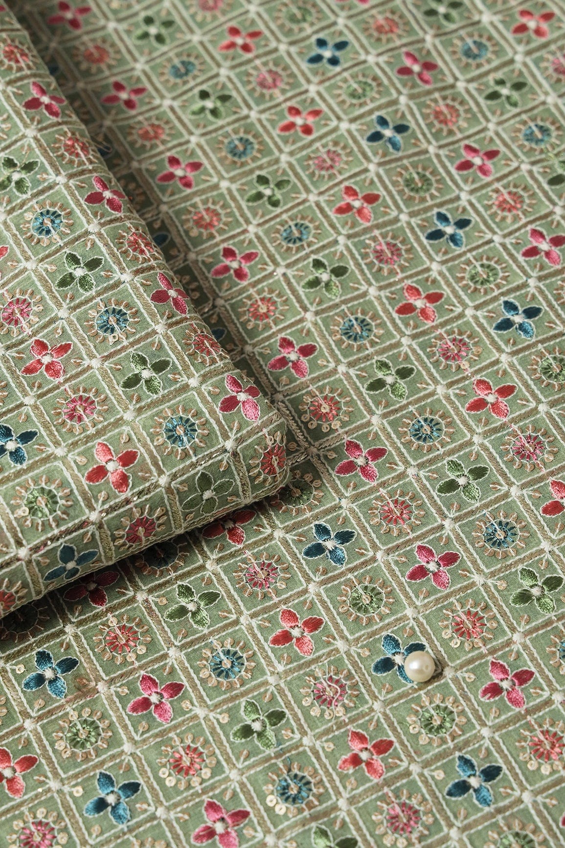 Multi Color Thread With Sequin Small Checks Embroidery On Olive Viscose Georgette Fabric - doeraa
