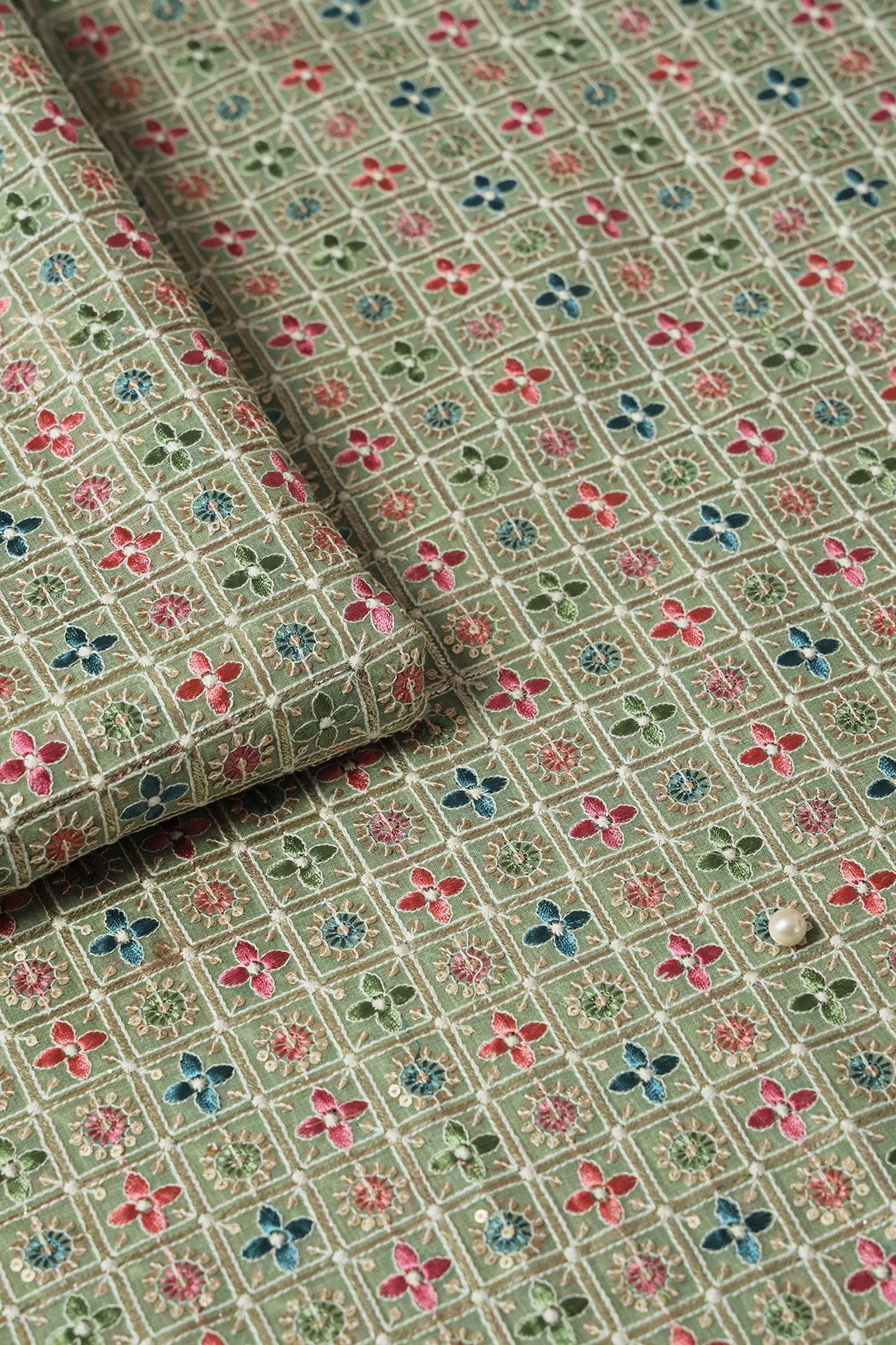 Multi Color Thread With Sequin Small Checks Embroidery On Olive Viscose Georgette Fabric - doeraa