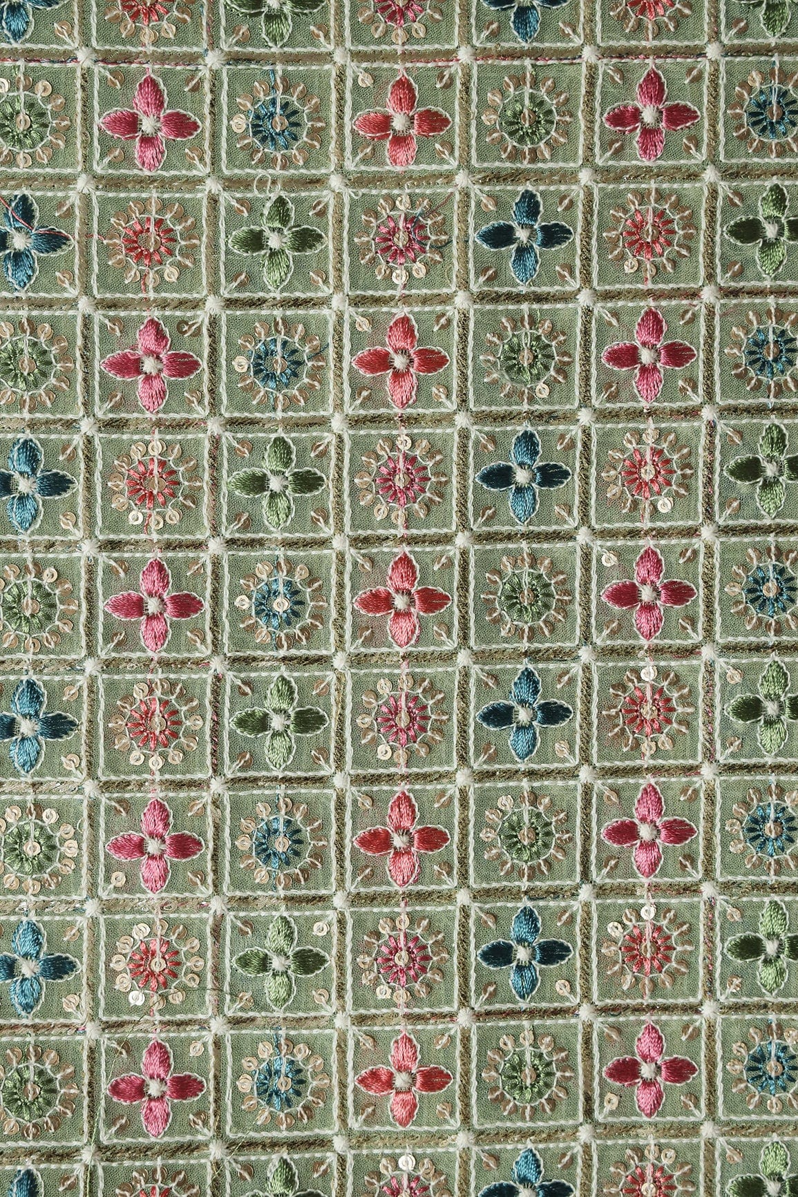 Multi Color Thread With Sequin Small Checks Embroidery On Olive Viscose Georgette Fabric - doeraa